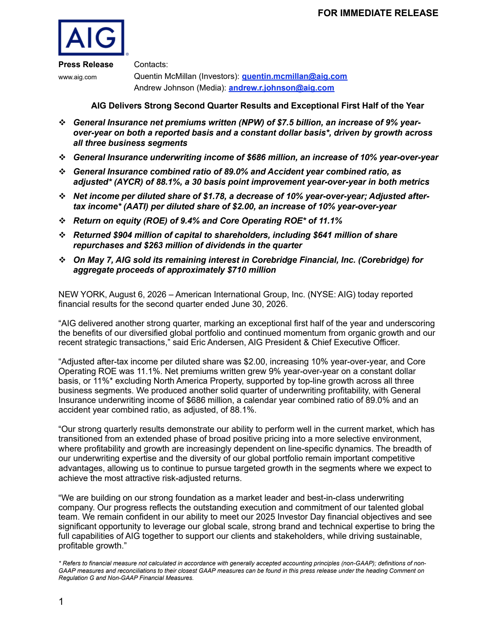 American International Group's Q2 2026 Press Release
