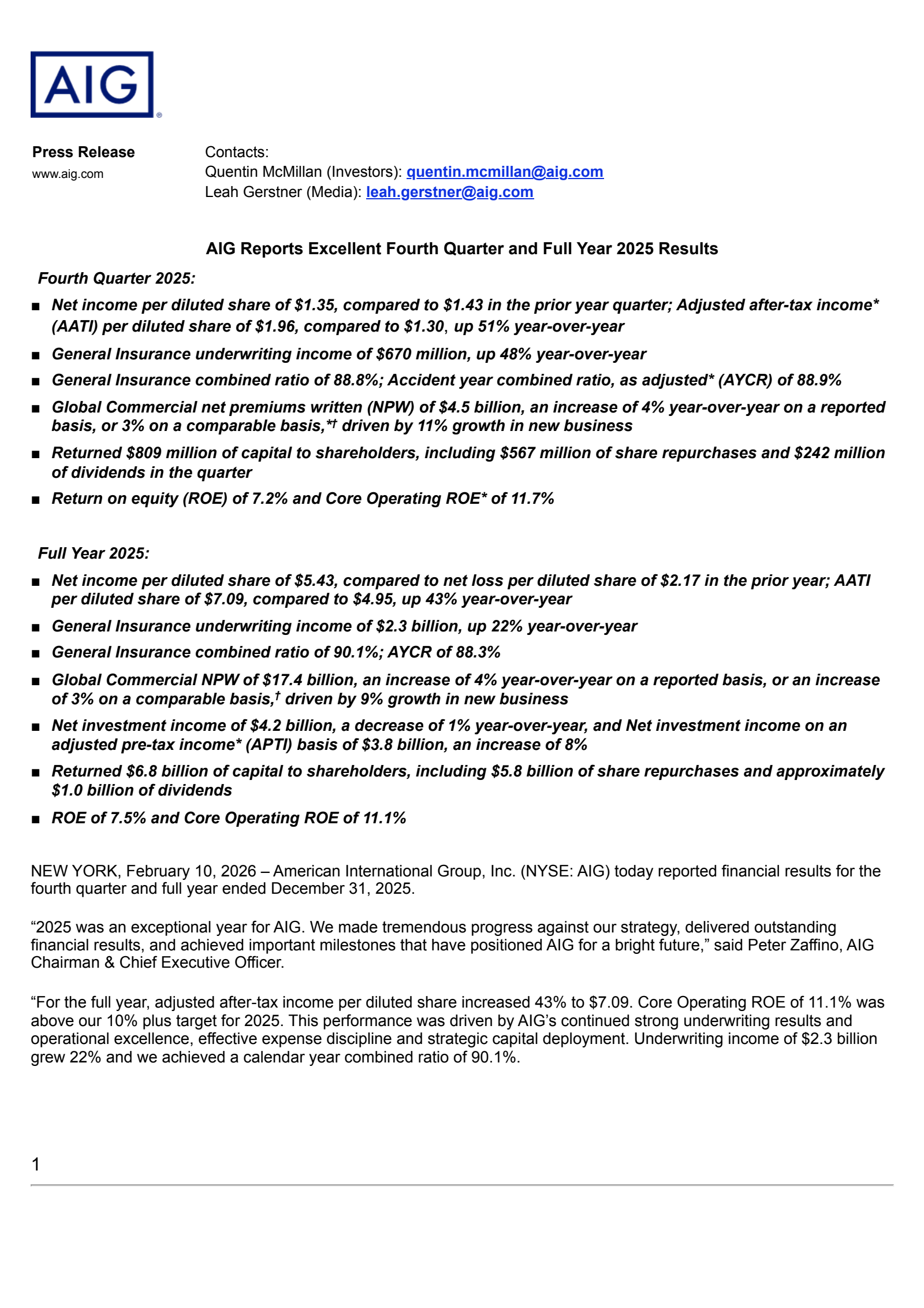 American International Group's Q4 2025 Press Release
