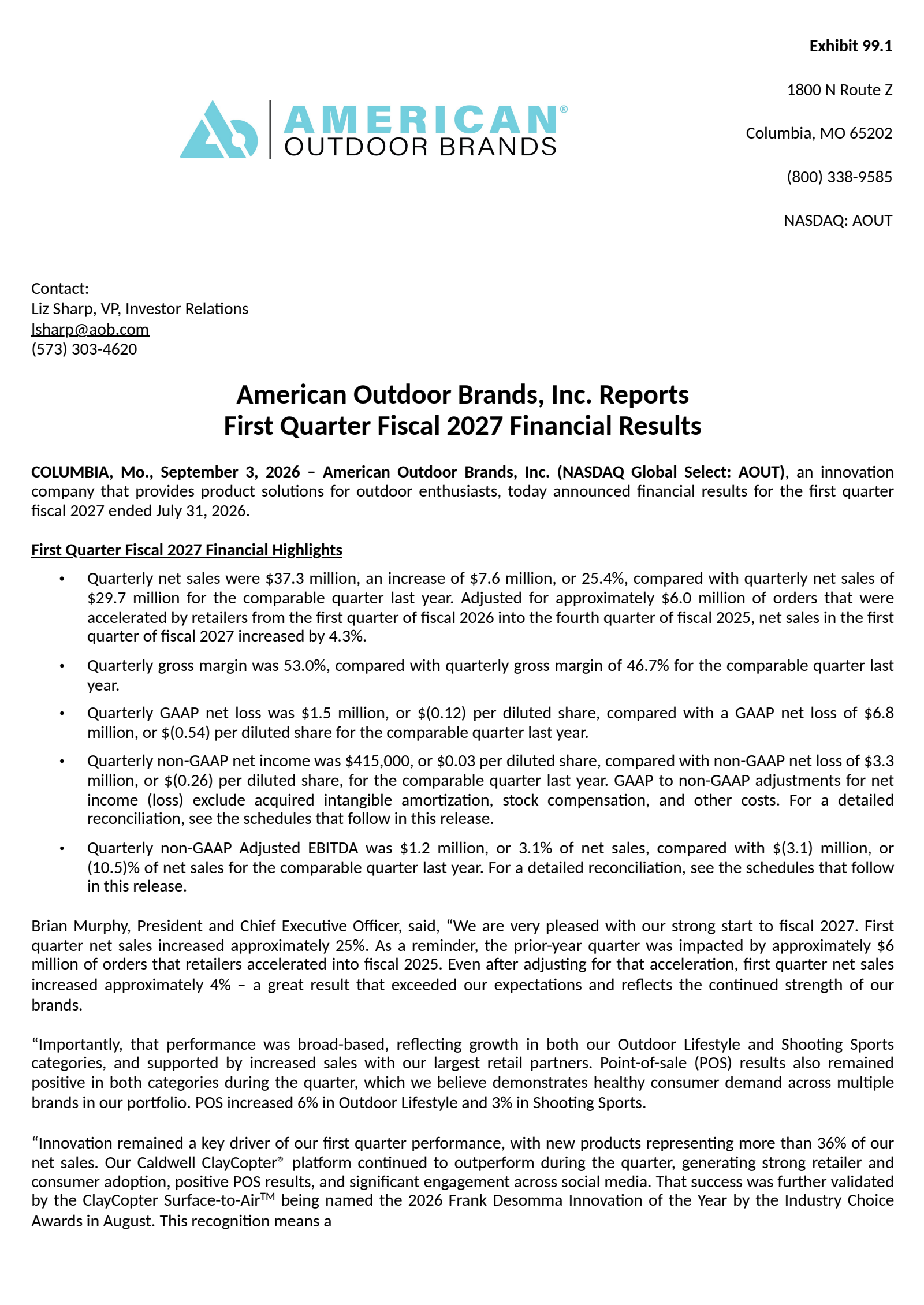 American Outdoor Brands' Q1 2027 Press Release