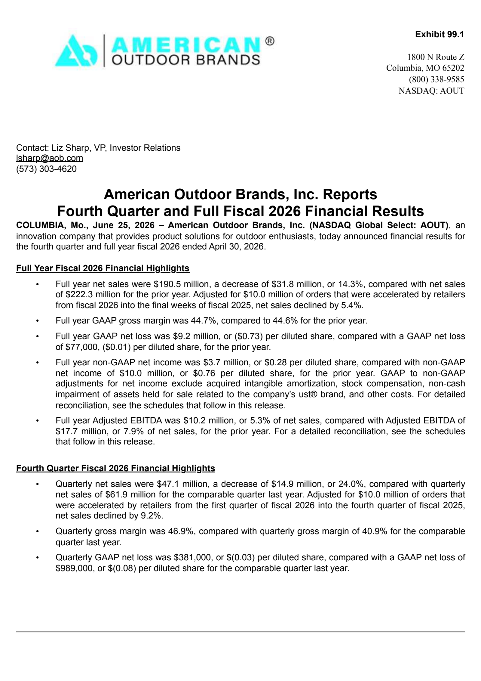 American Outdoor Brands' Q4 2026 Press Release