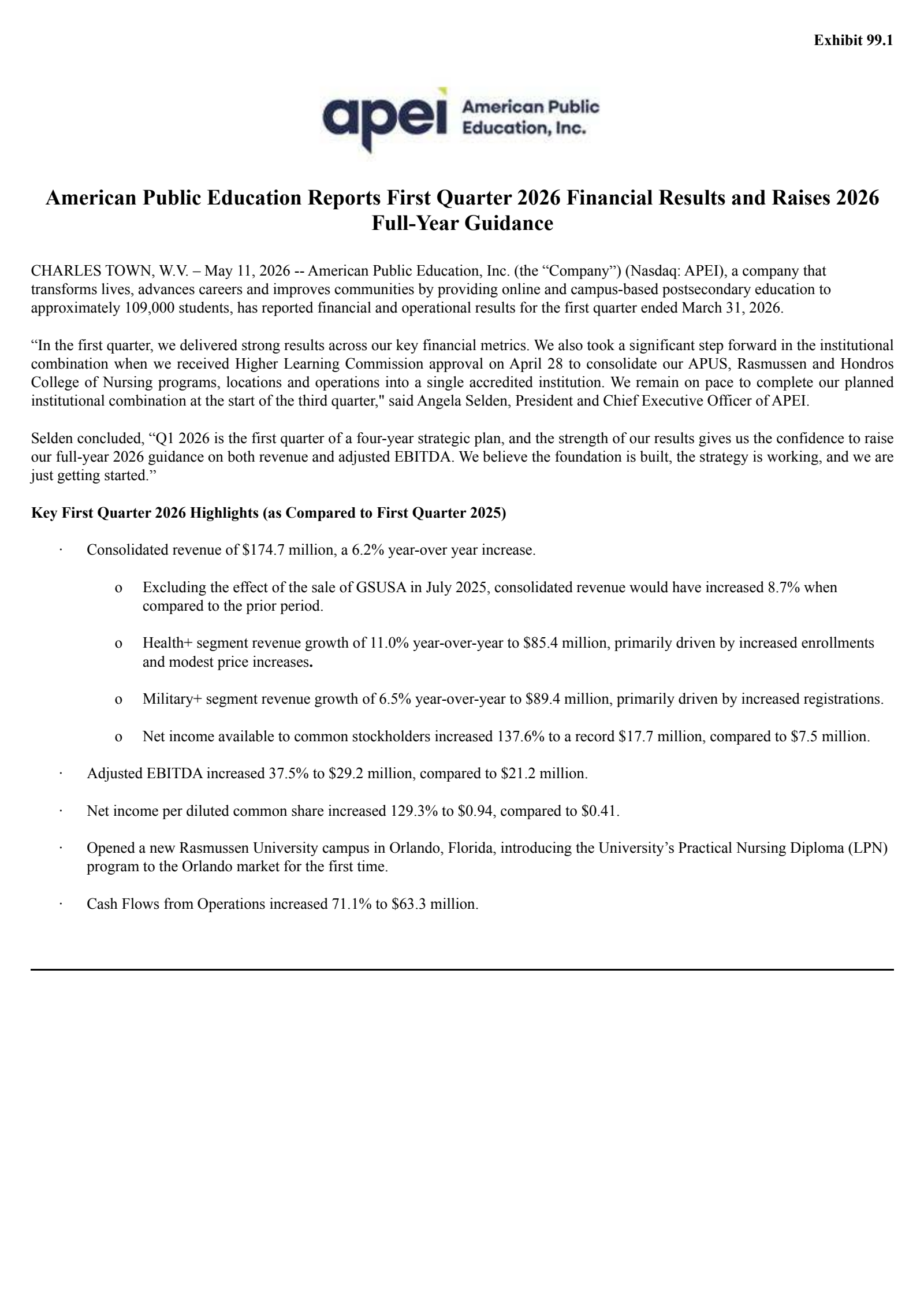 American Public Education's Q1 2026 Press Release