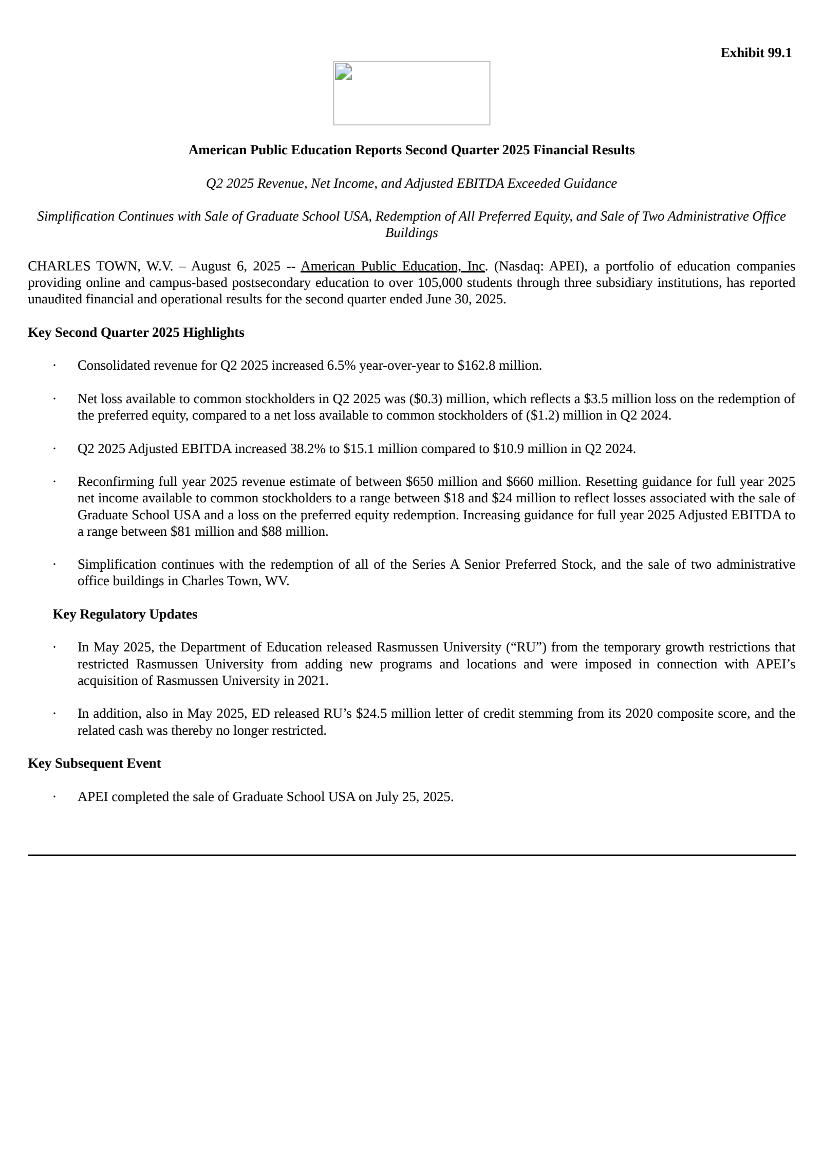 American Public Education's Q2 2025 Press Release