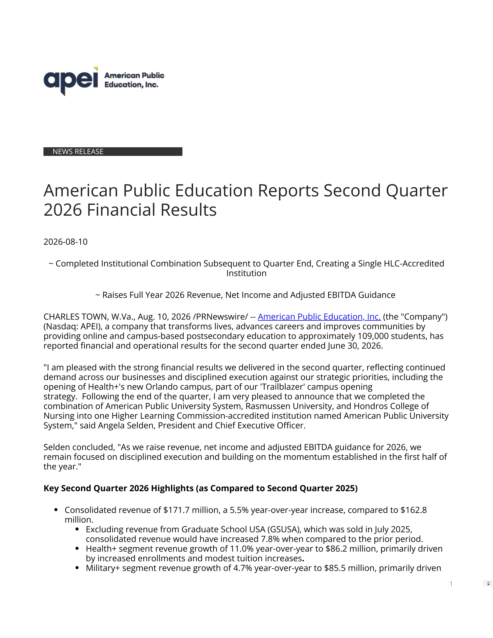 American Public Education's Q2 2026 Press Release