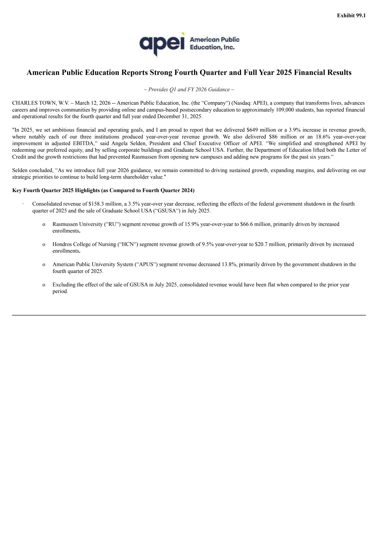 American Public Education's Q4 2025 Press Release