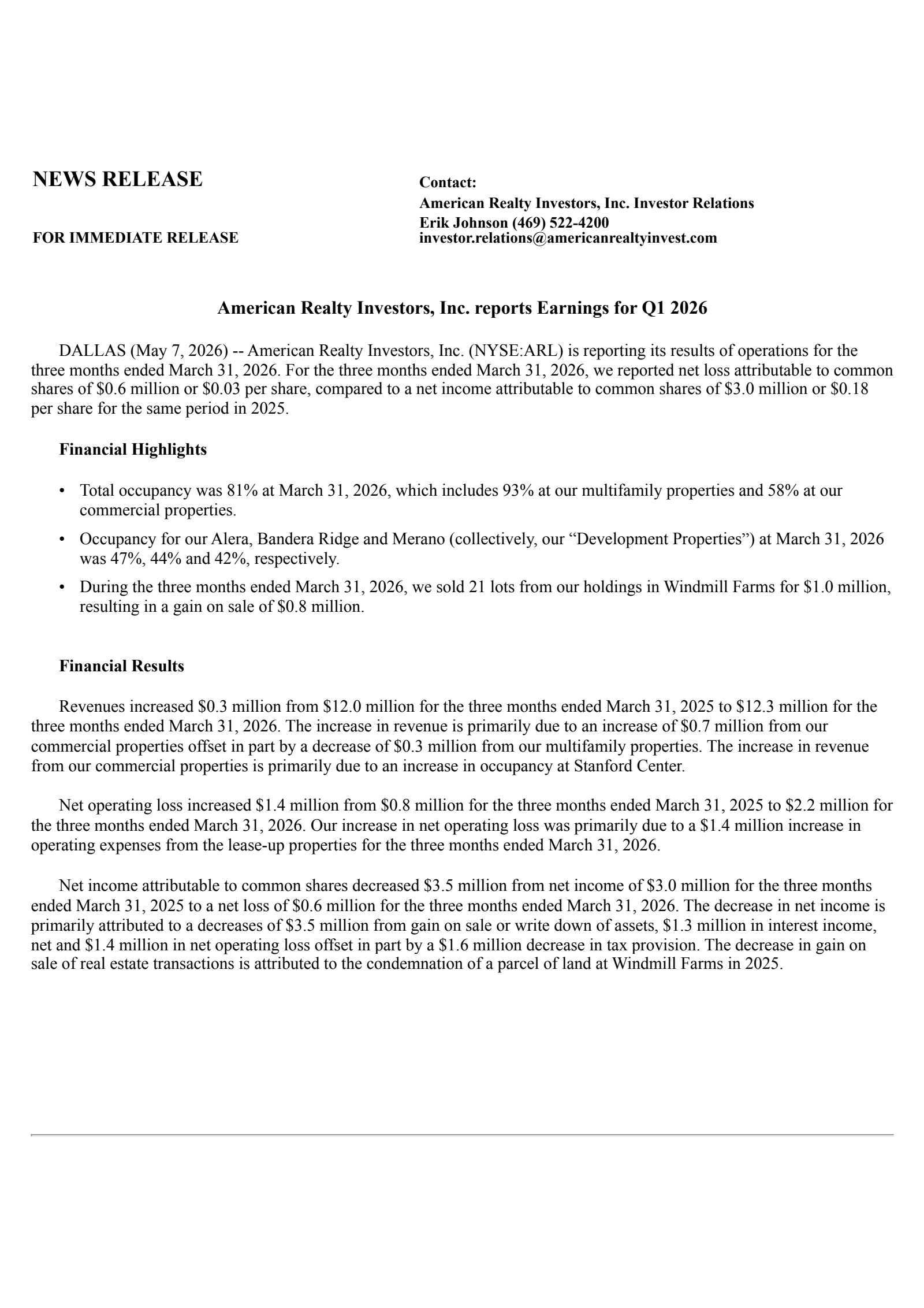 American Realty Investors' Q1 2026 Press Release