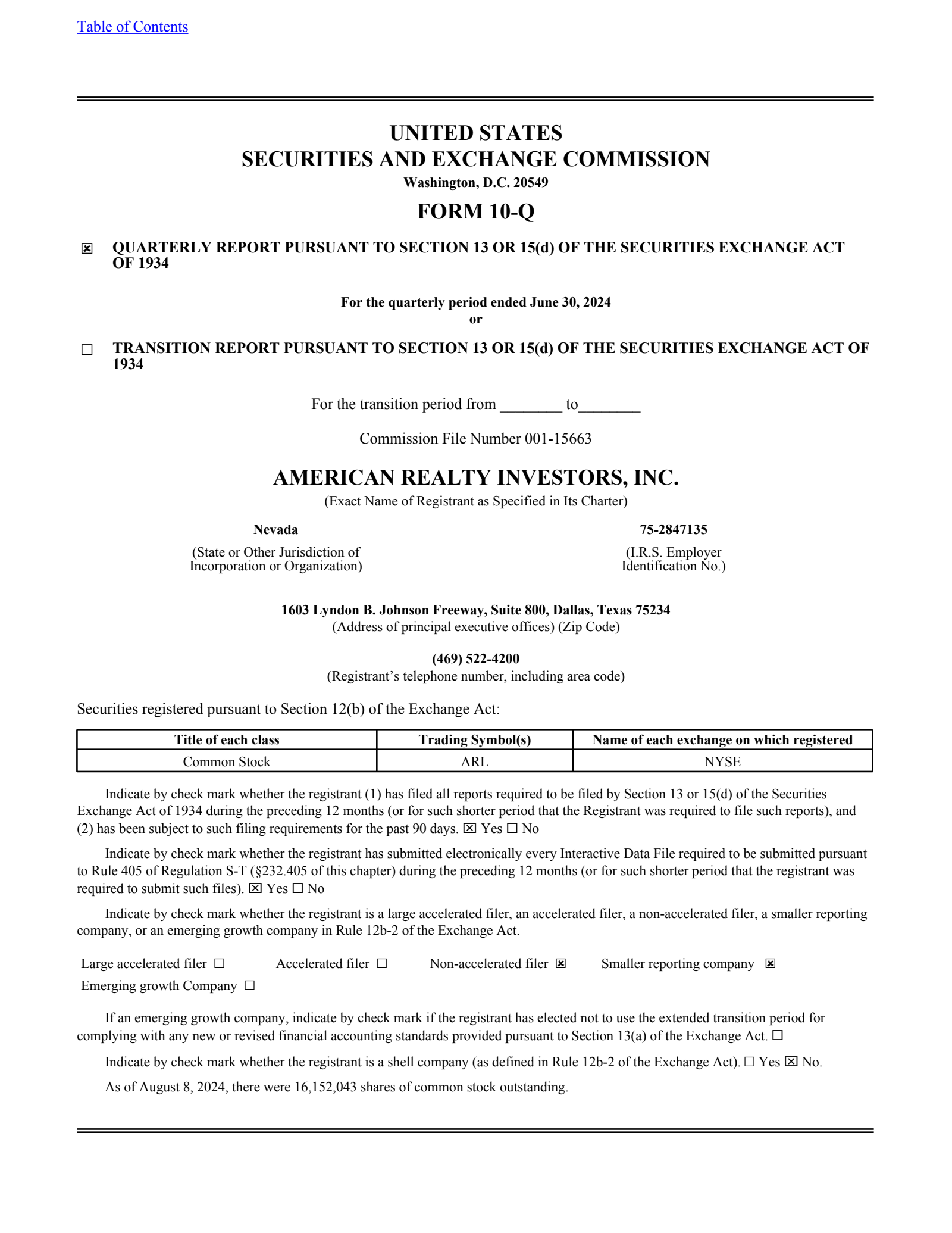 American Realty Investors' Q2 2024 Quarterly Report