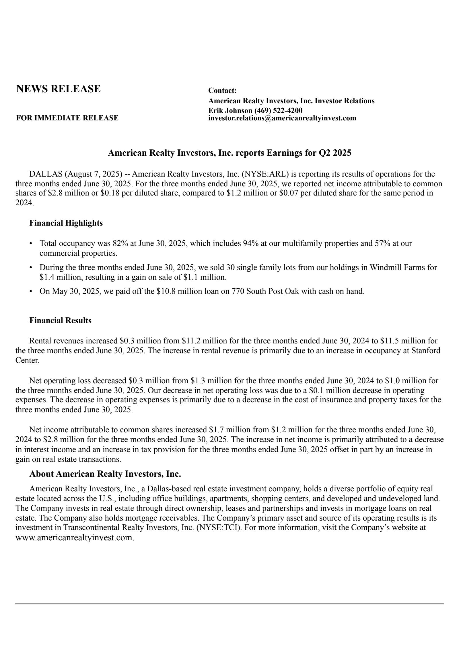 American Realty Investors' Q2 2025 Press Release
