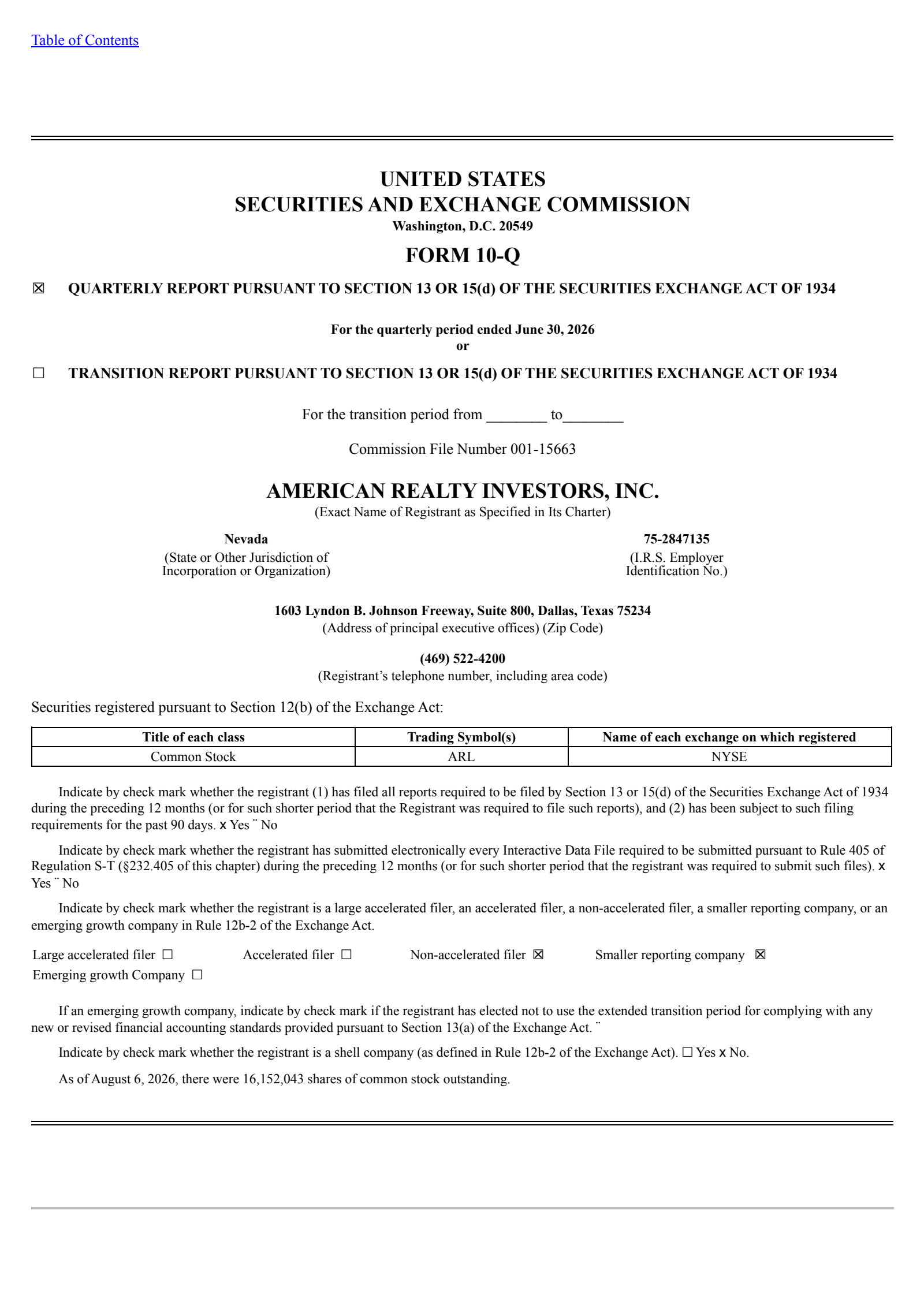 American Realty Investors' Q2 2026 Quarterly report