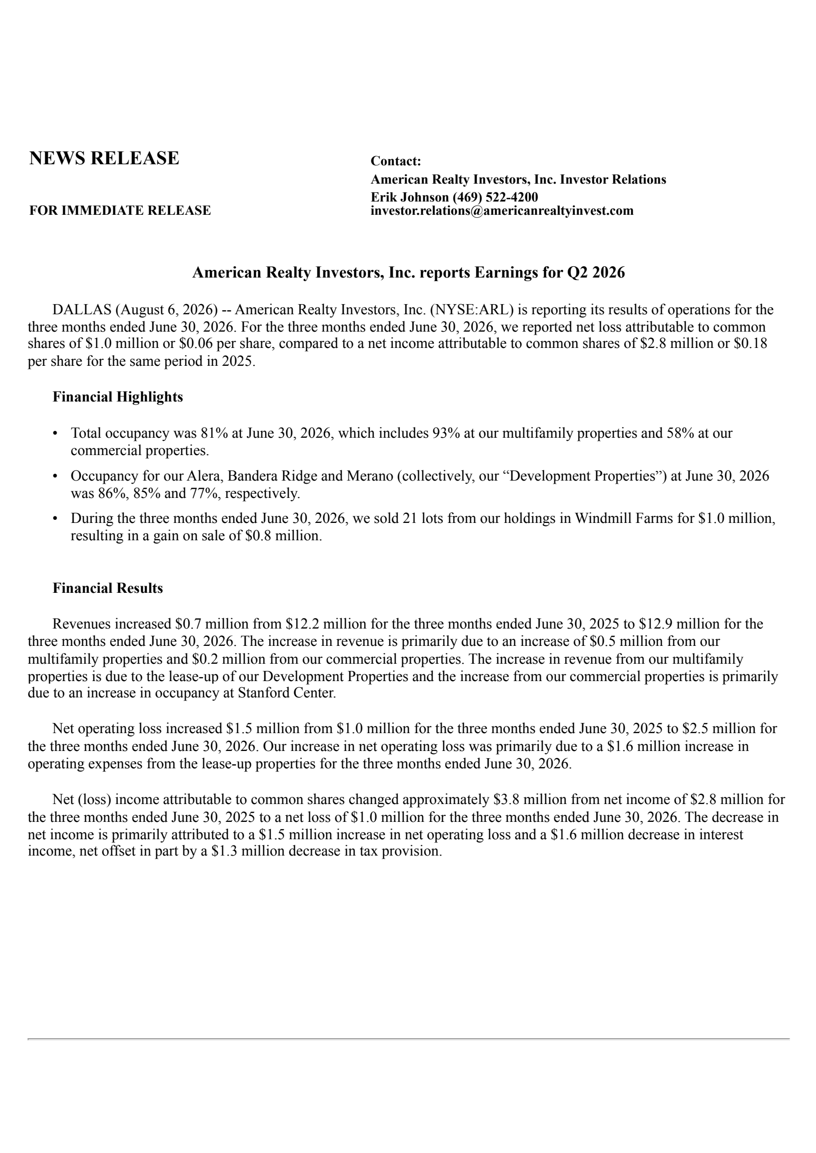 American Realty Investors' Q2 2026 Press Release