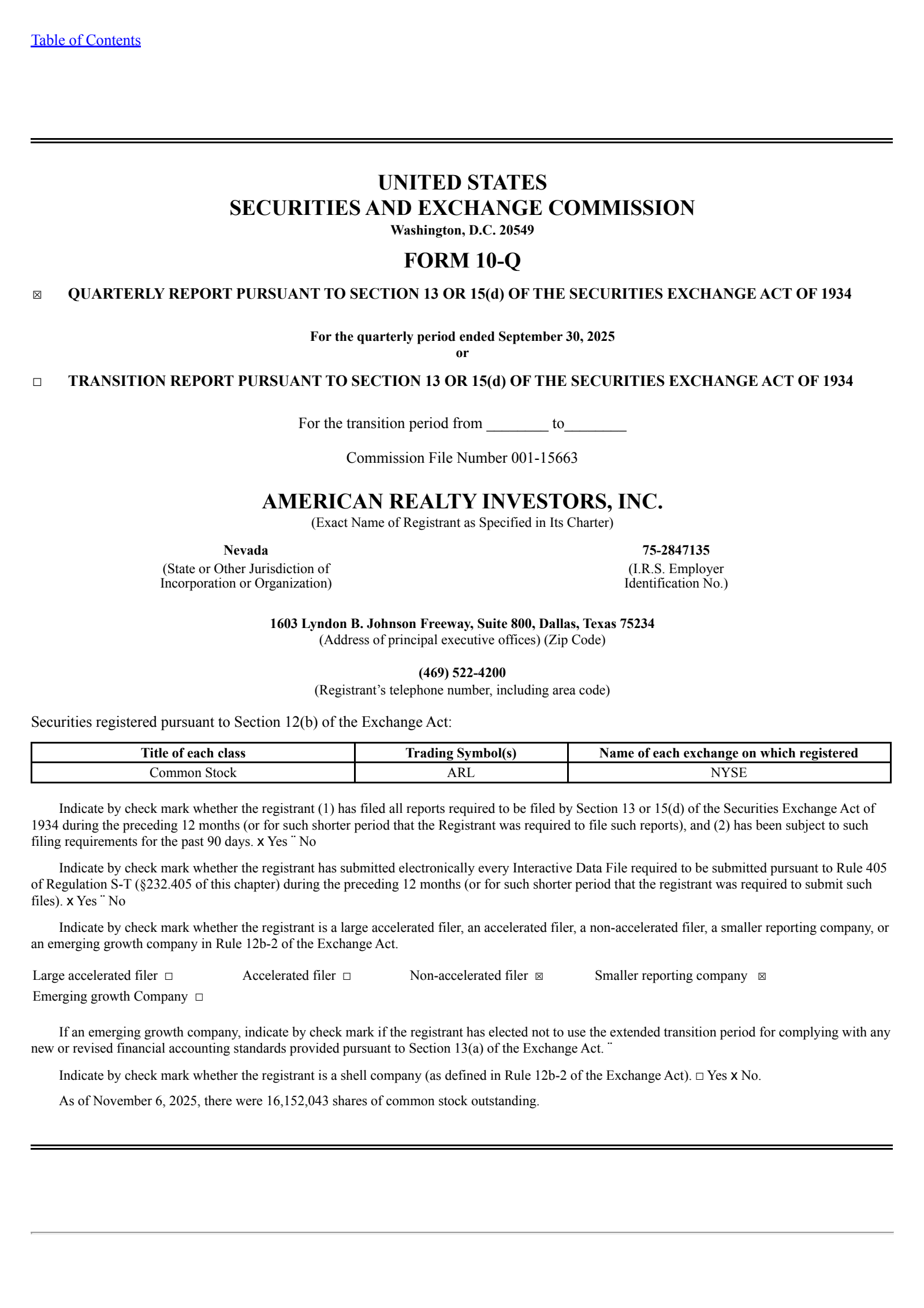 American Realty Investors' Q3 2025 Quarterly Report