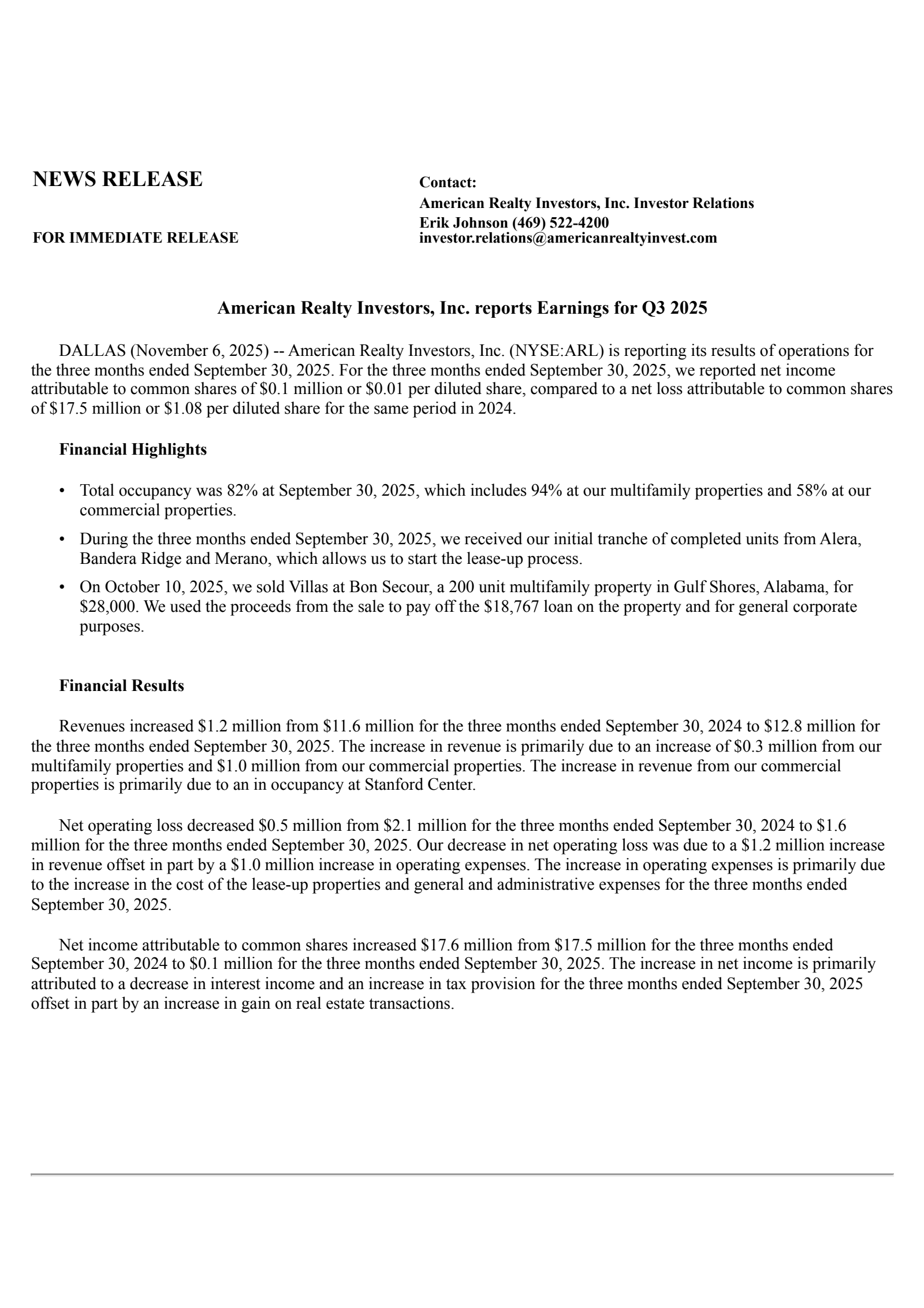 American Realty Investors' Q3 2025 Earnings Release