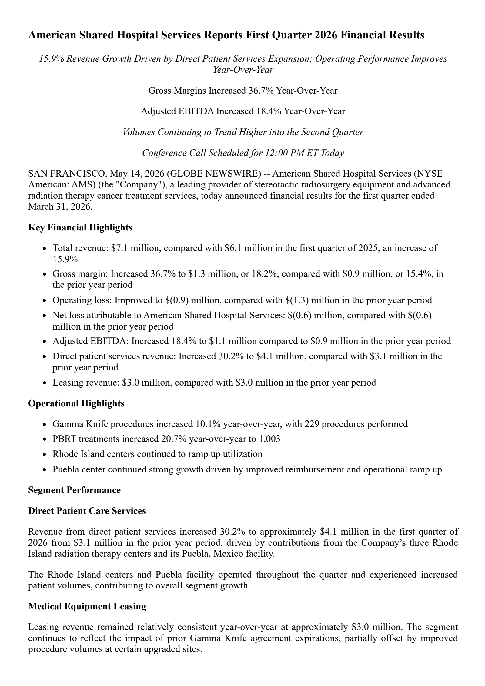 American Shared Hospital Services' Q1 2026 Press Release