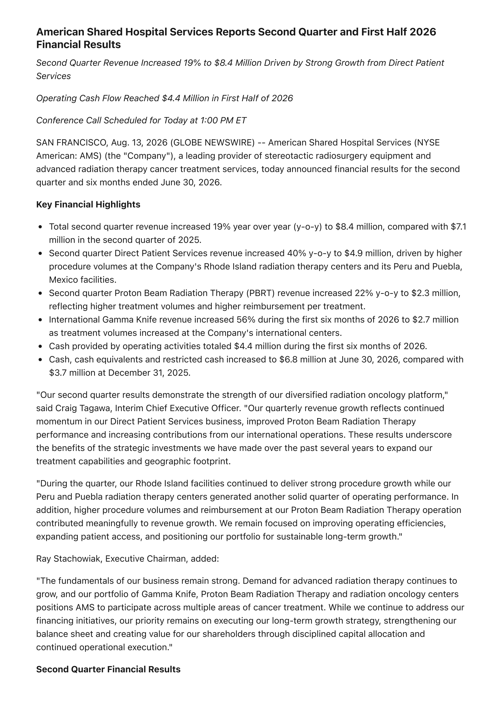 American Shared Hospital Services' Q2 2026 Press Release