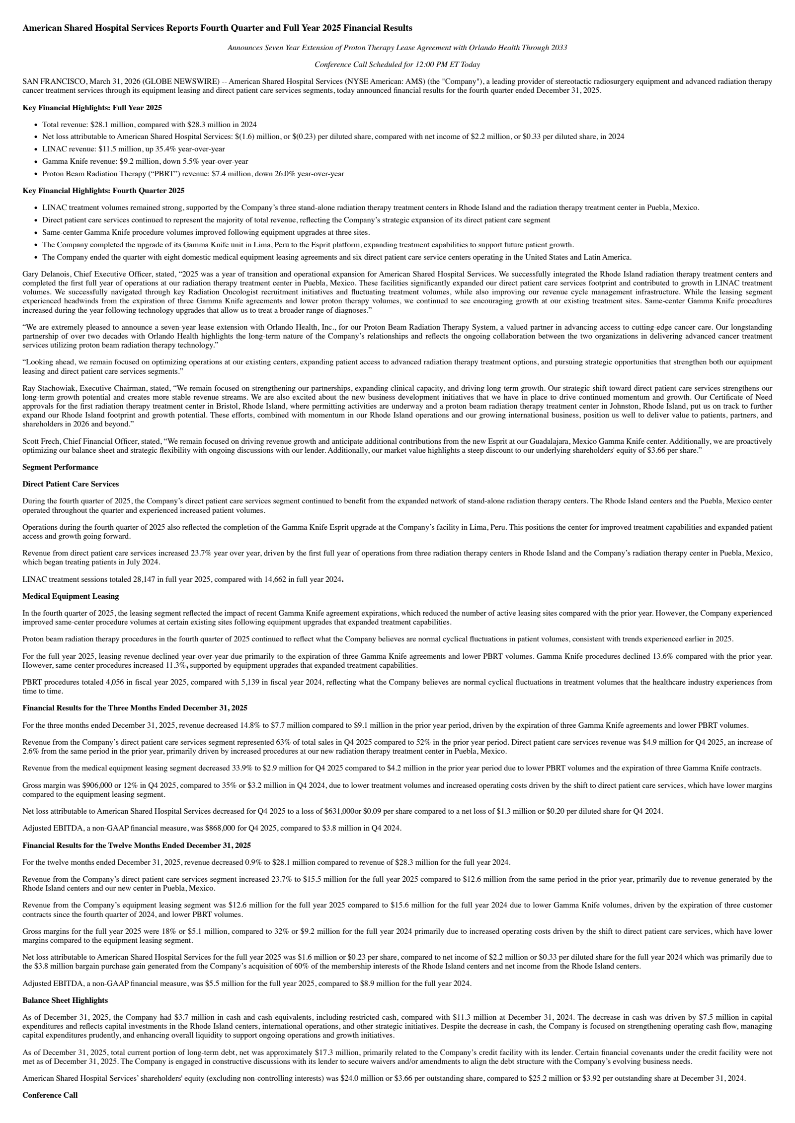 American Shared Hospital Services' Q4 2025 Press Release
