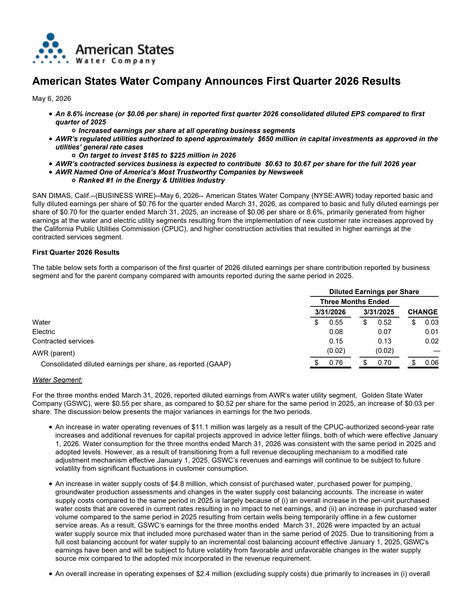 American States Water's Q1 2026 Press Release