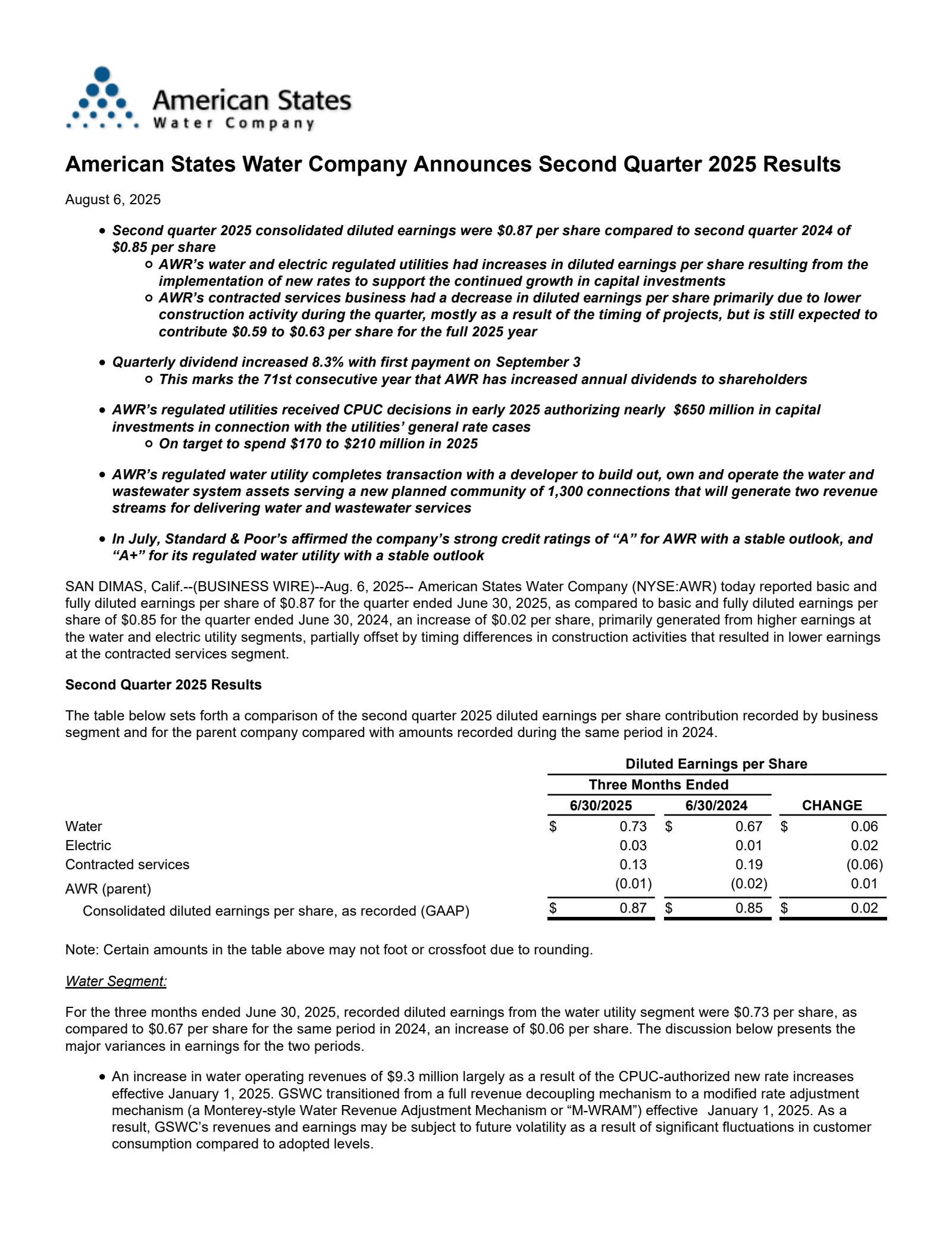 American States Water's Q2 2025 Press Release