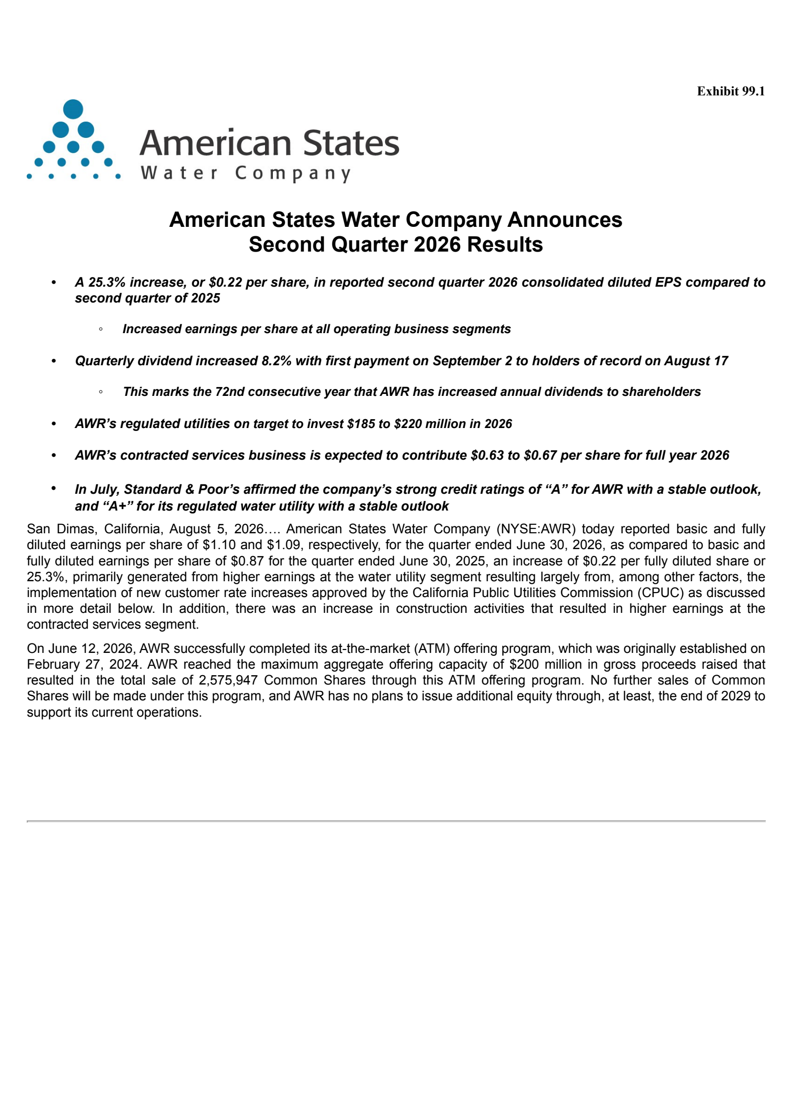 American States Water's Q2 2026 Press Release