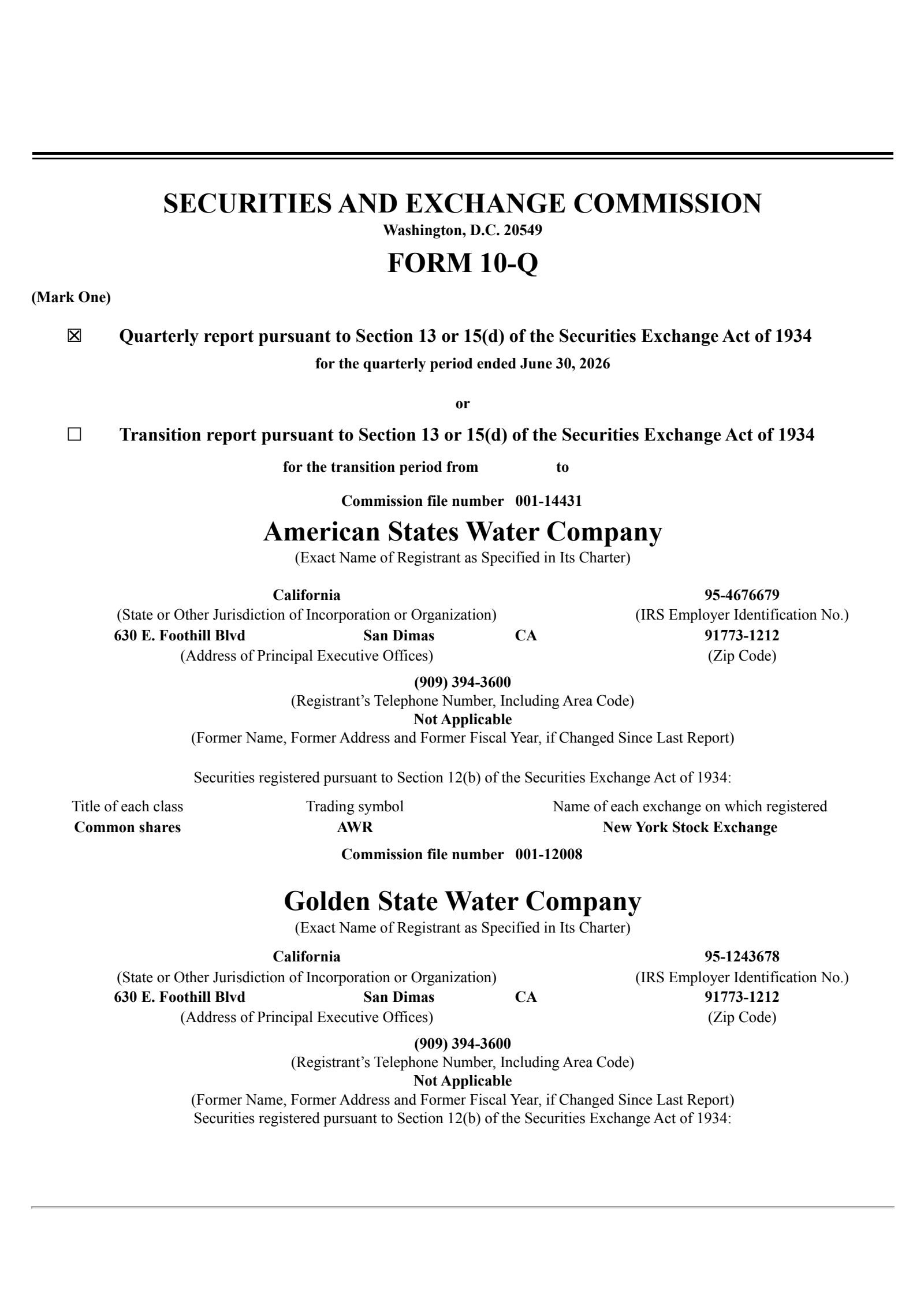 American States Water's Q2 2026 Quarterly report