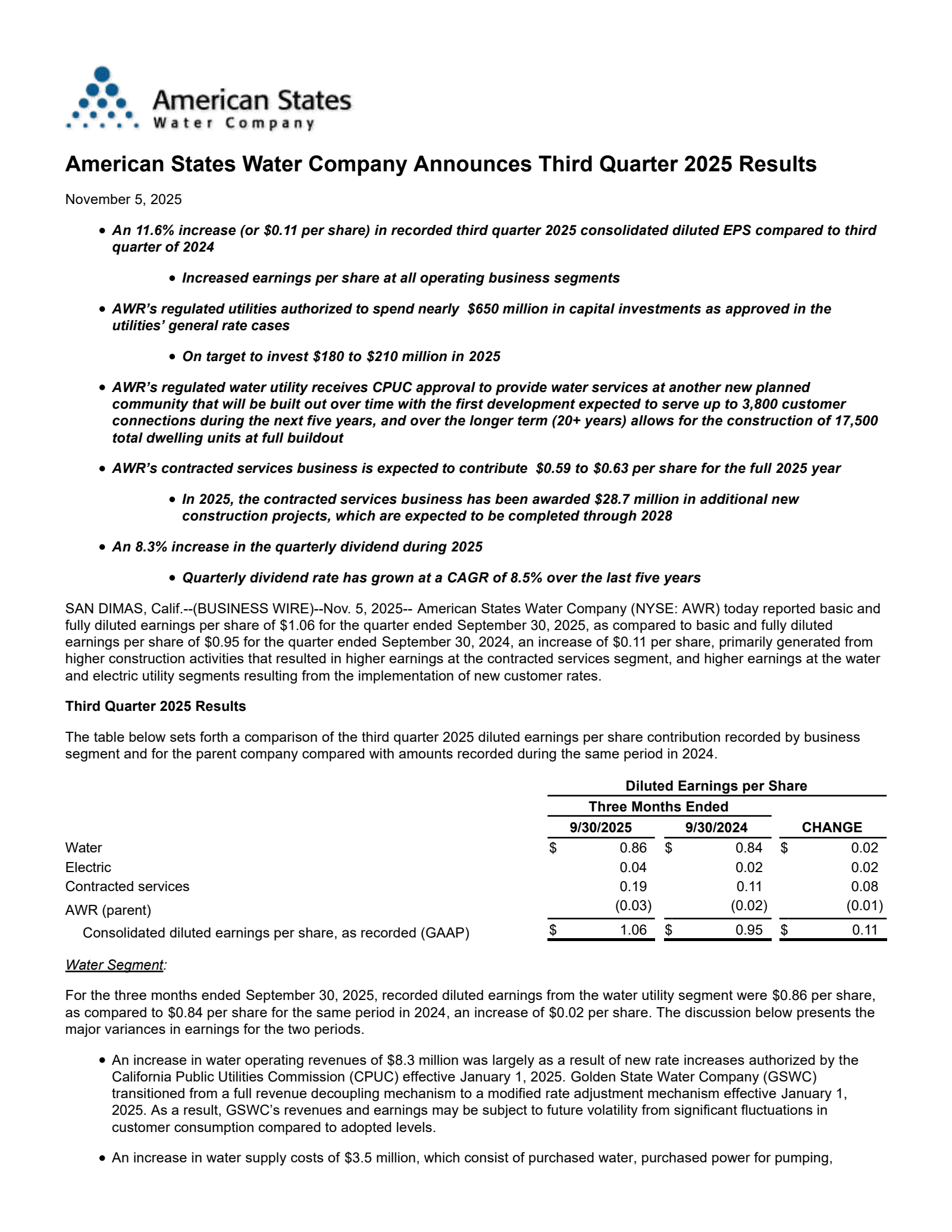 American States Water's Q3 2025 Earnings Release
