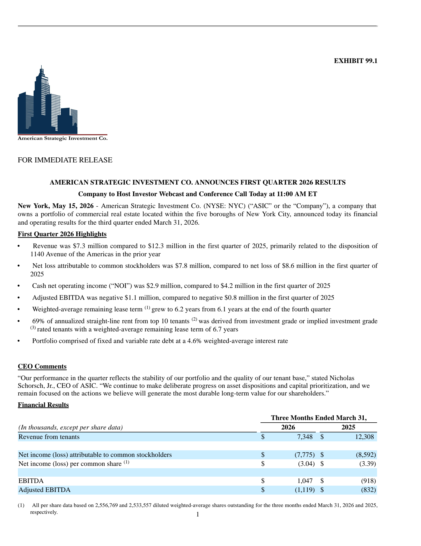 American Strategic Investment's Q1 2026 Press Release