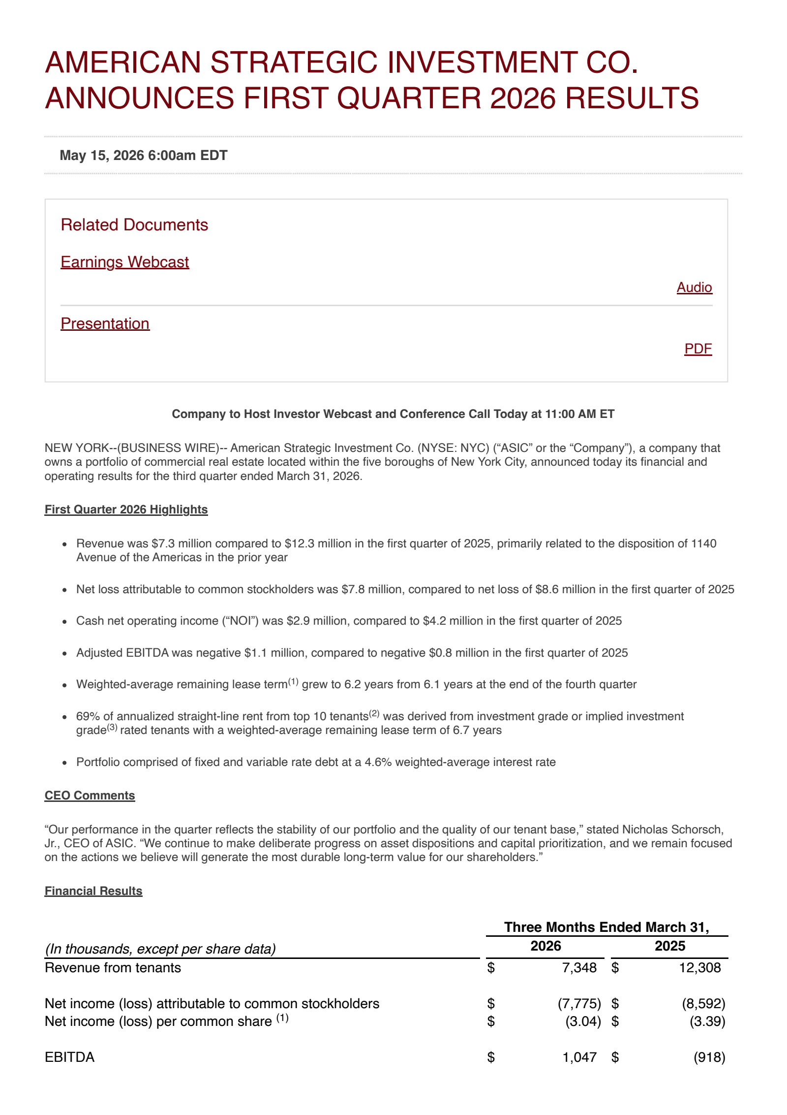 American Strategic Investment's Q1 2026 Press Release