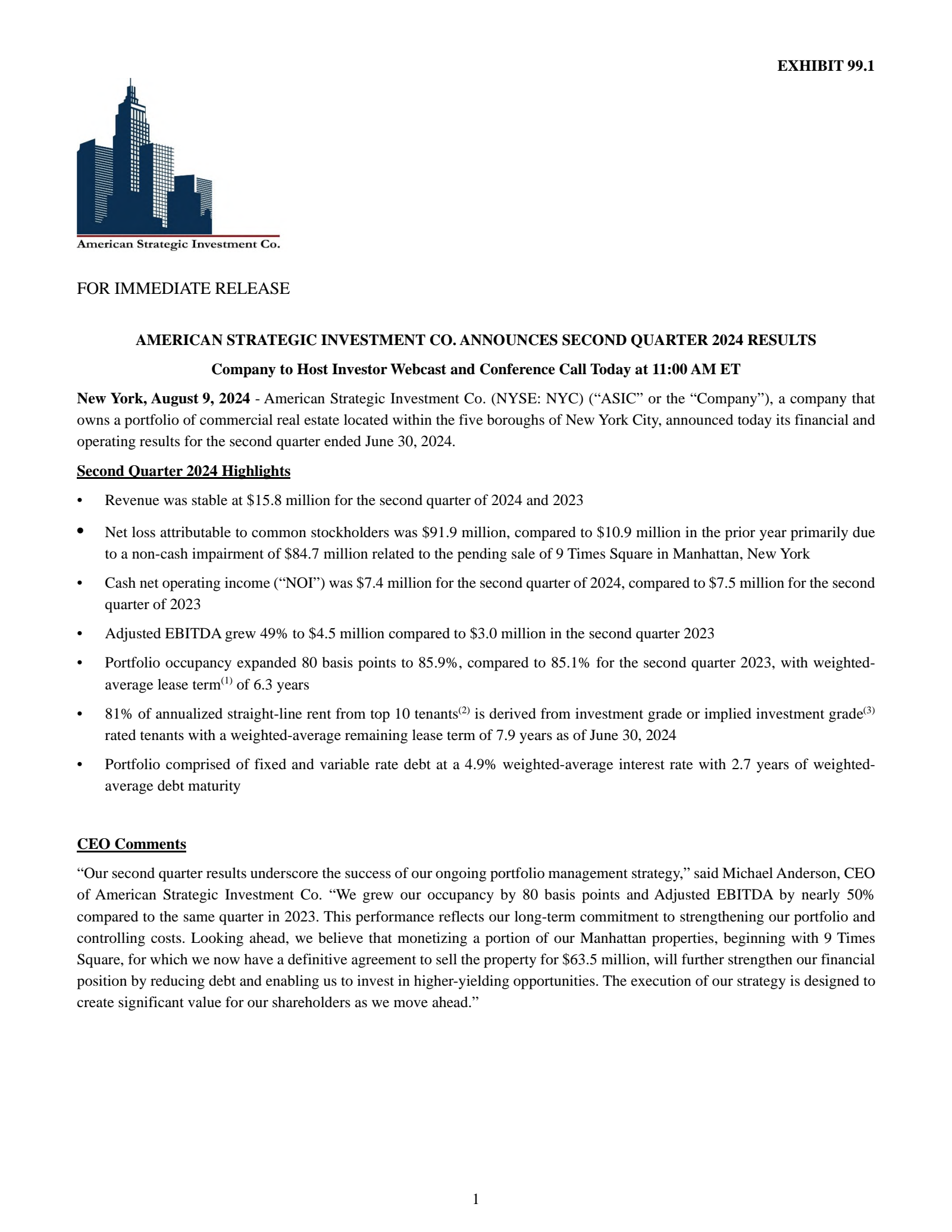 American Strategic Investment's Q2 2024 Press Release