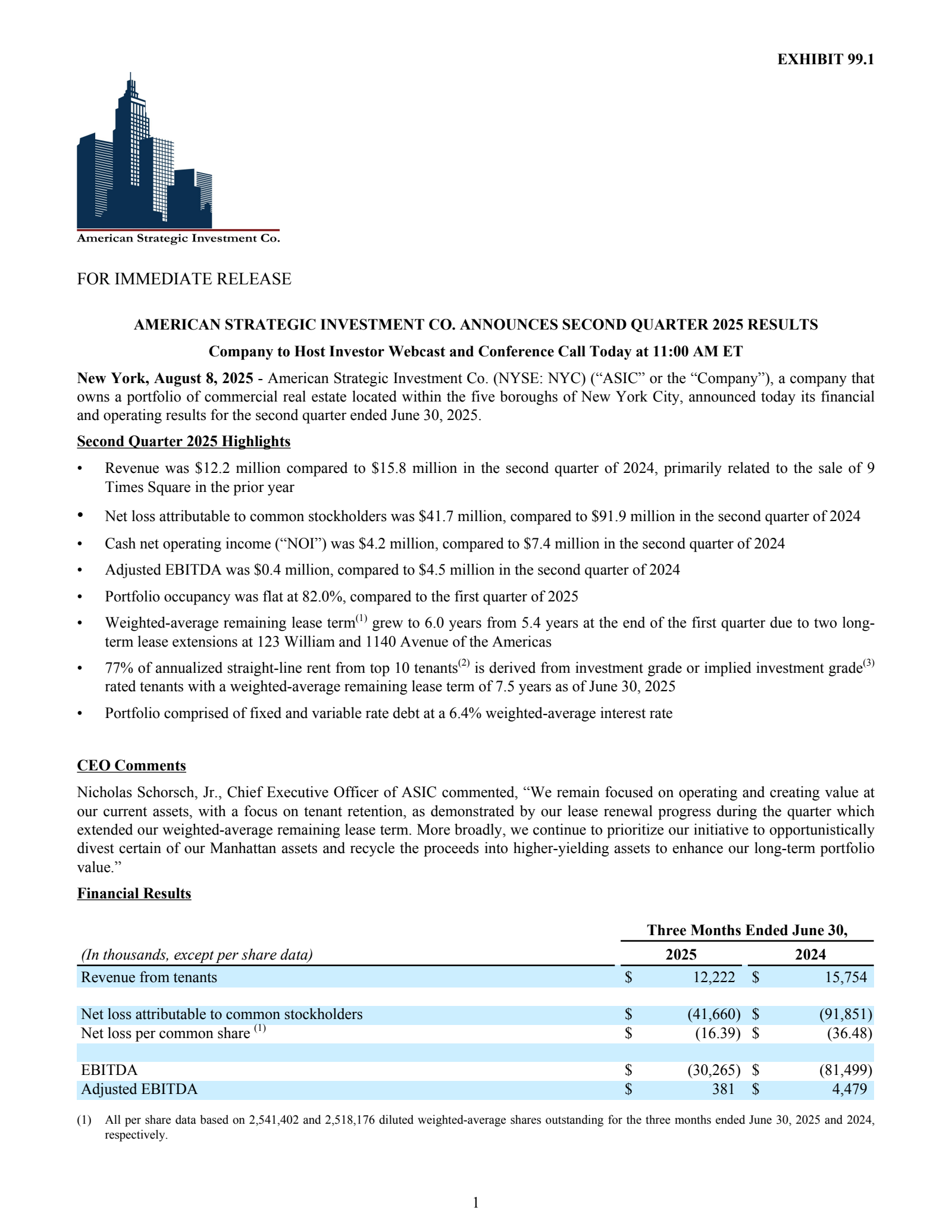 American Strategic Investment's Q2 2025 Press Release