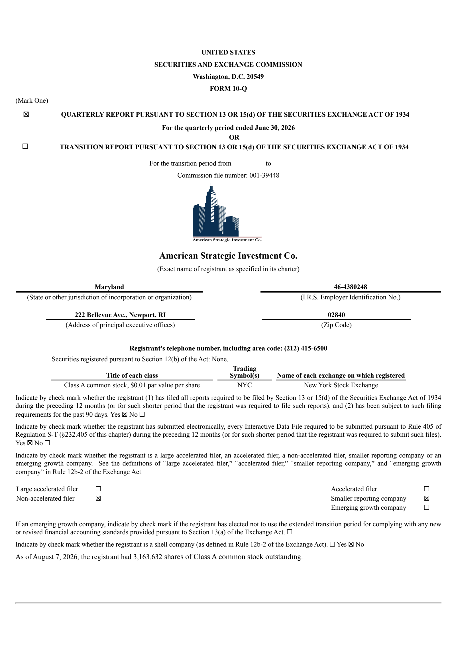 American Strategic Investment's Q2 2026 Quarterly report