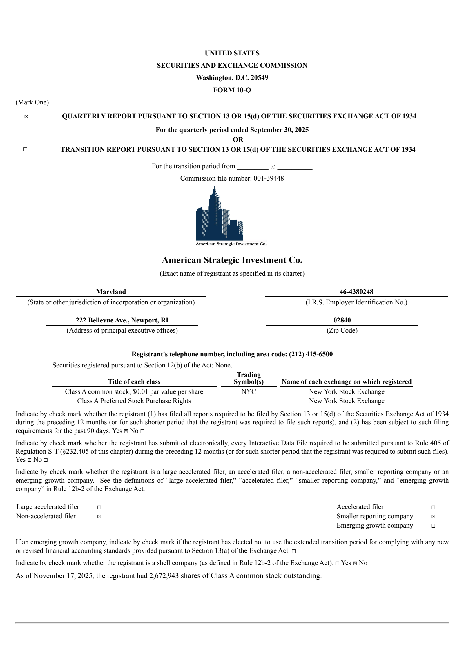 American Strategic Investment's Q3 2025 Quarterly Report