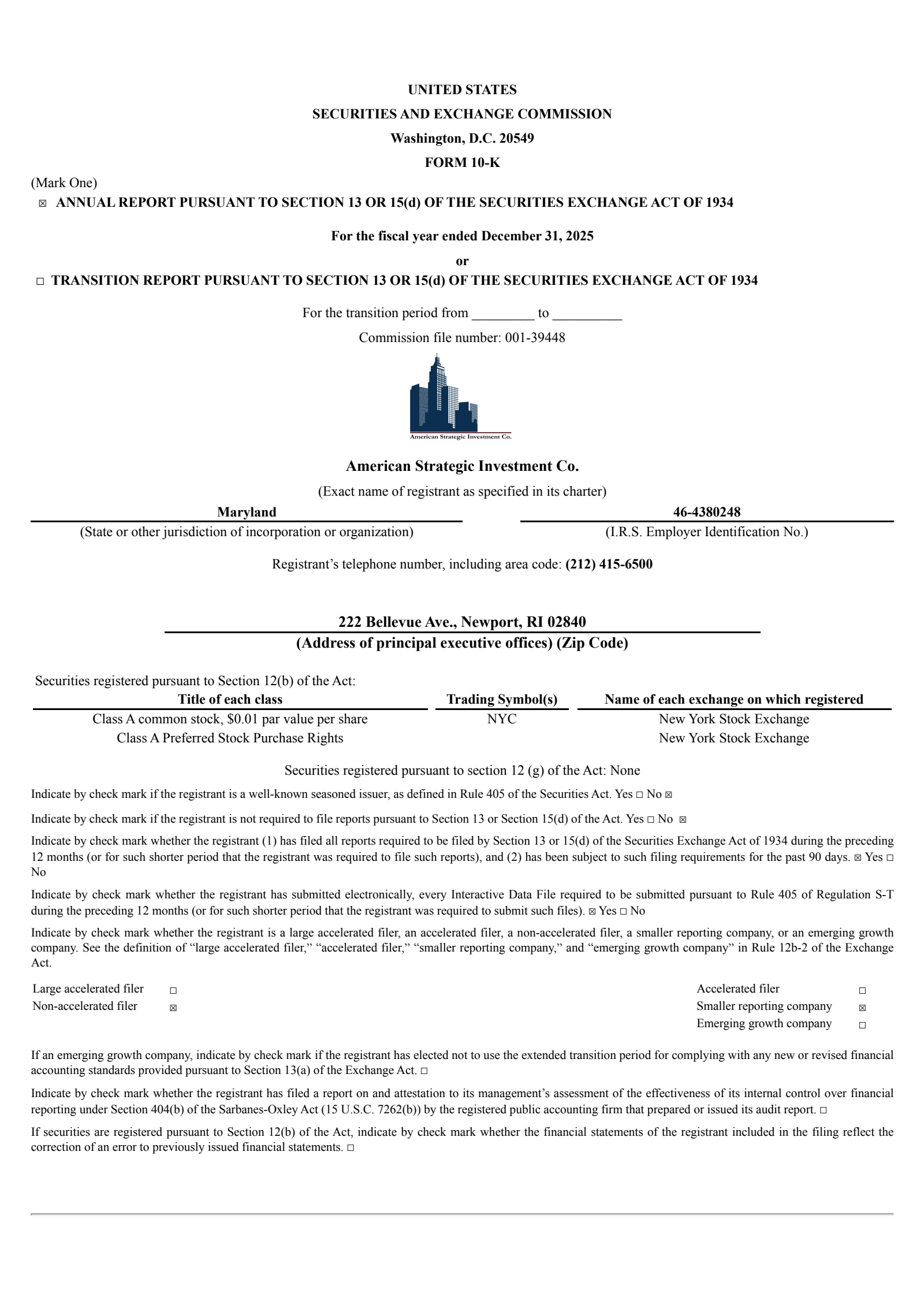 American Strategic Investment's Q4 2025 Annual report