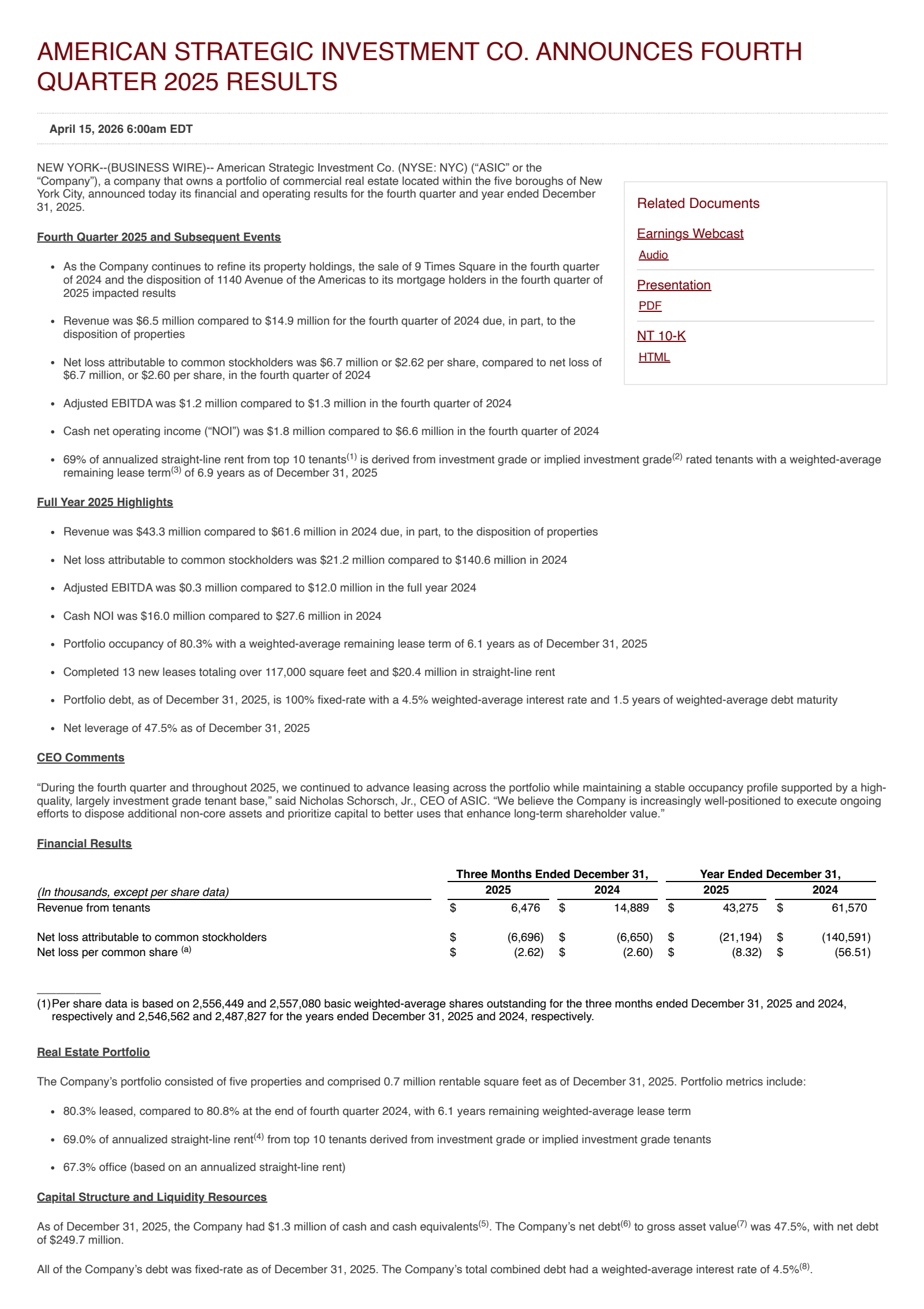 American Strategic Investment's Q4 2025 Press Release