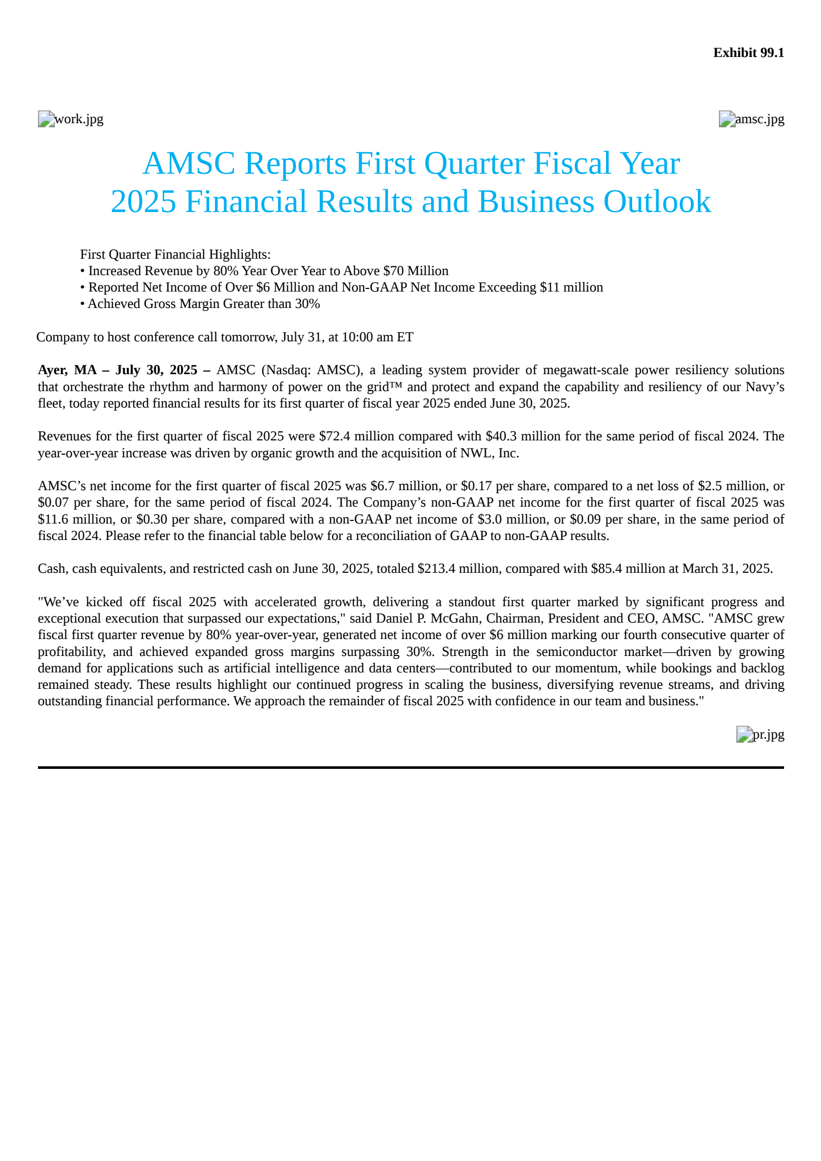 American Superconductor's Q1 2026 Press Release