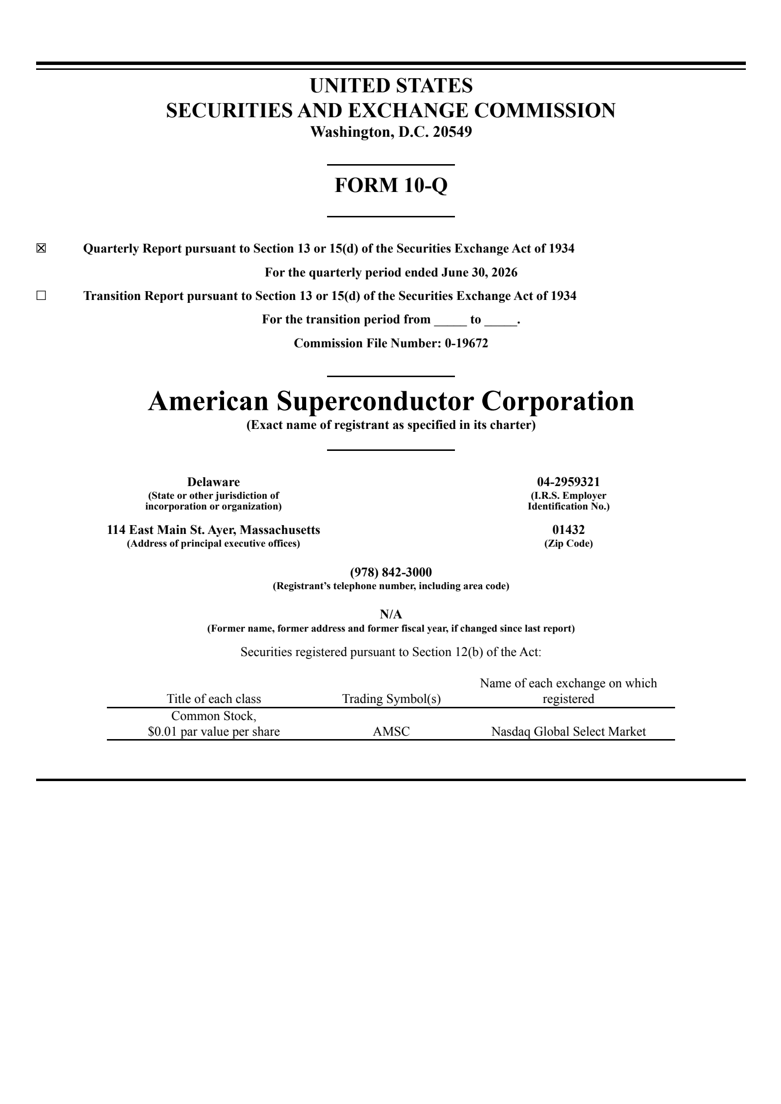 American Superconductor's Q1 2027 Quarterly report