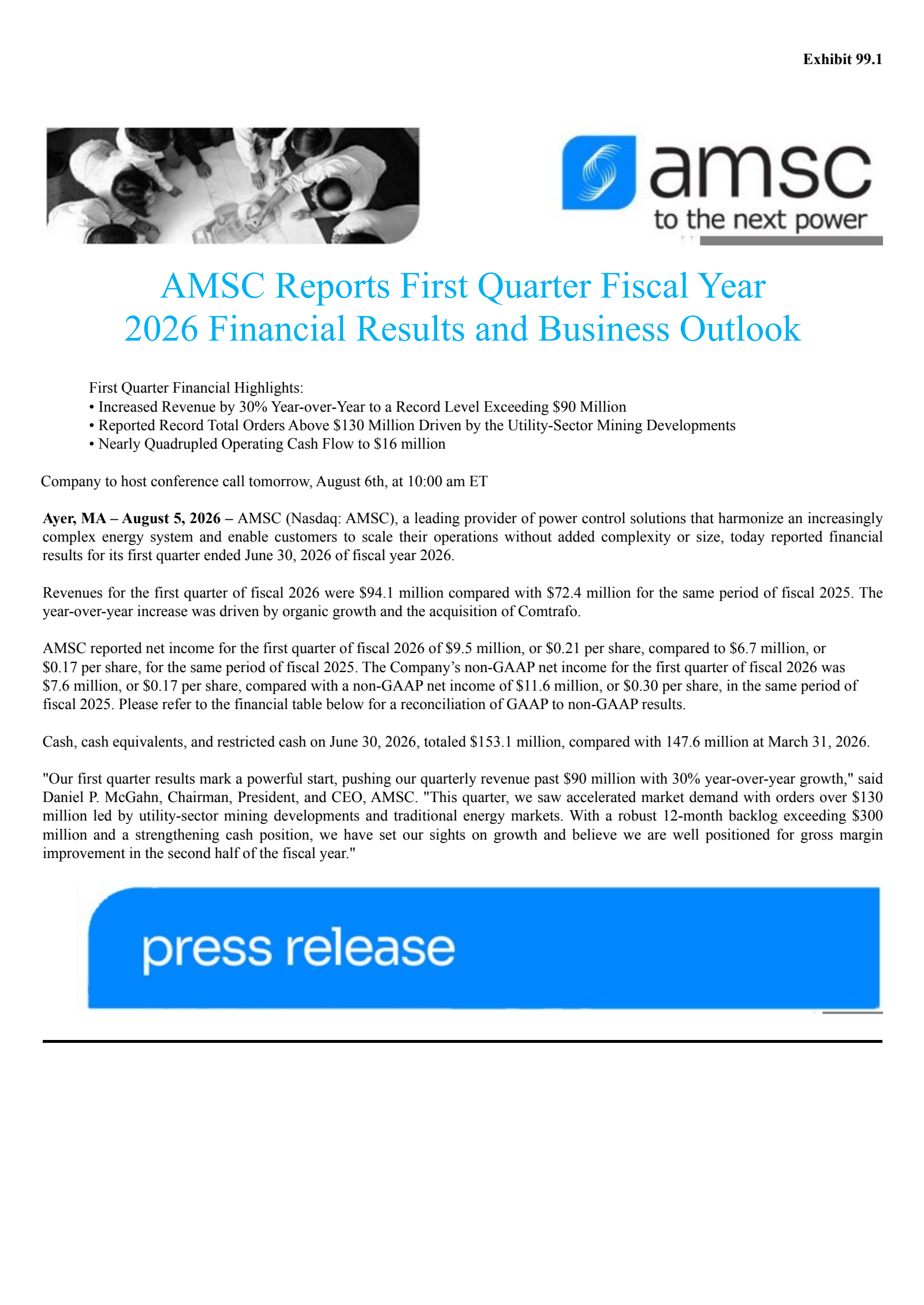American Superconductor's Q1 2027 Press Release