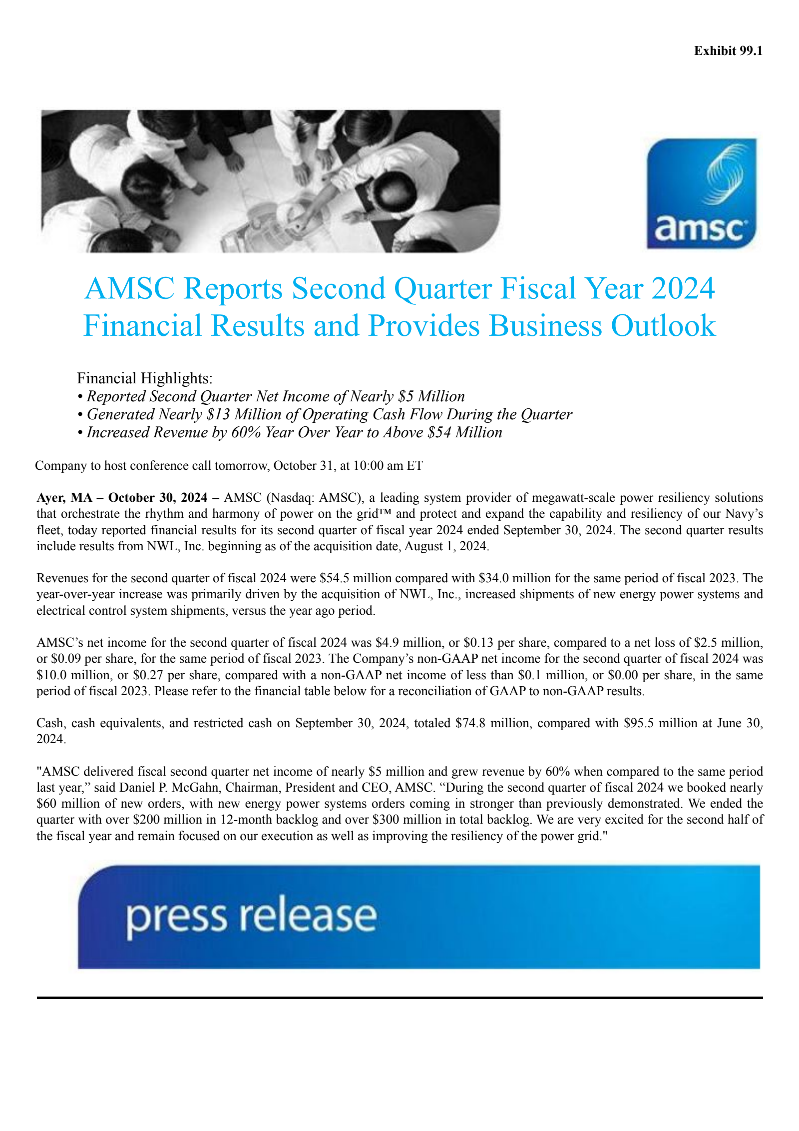 American Superconductor's Q2 2025 Press Release