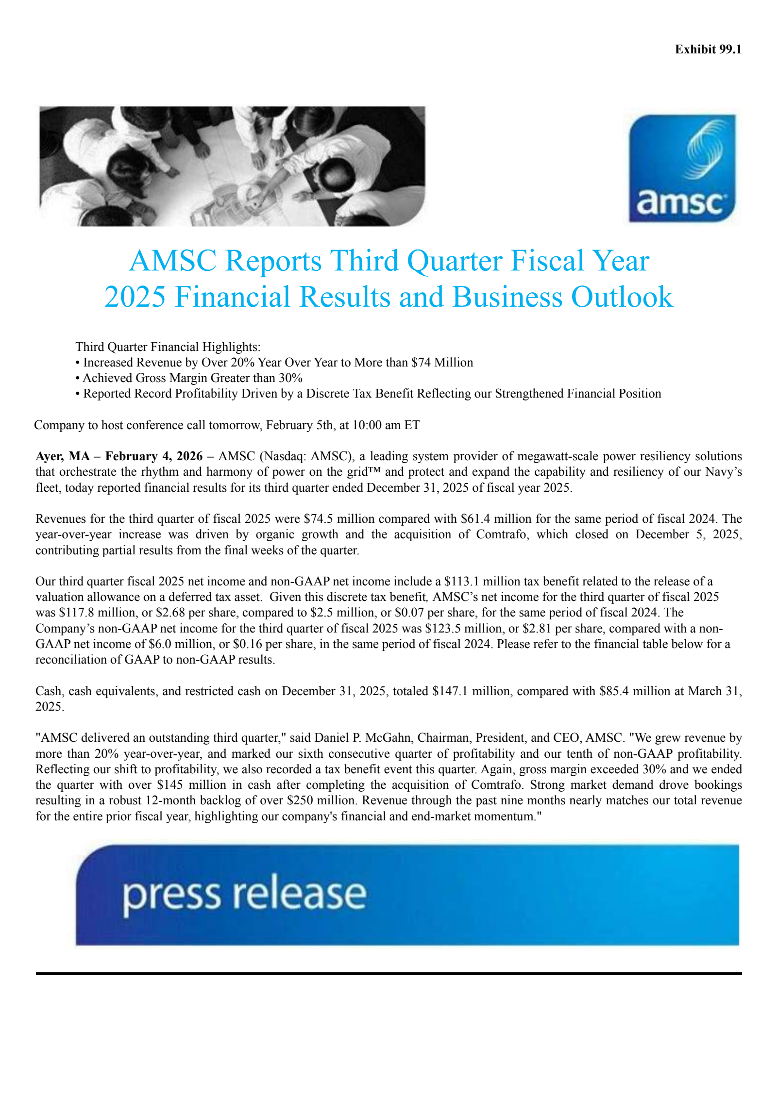 American Superconductor's Q3 2026 Press Release