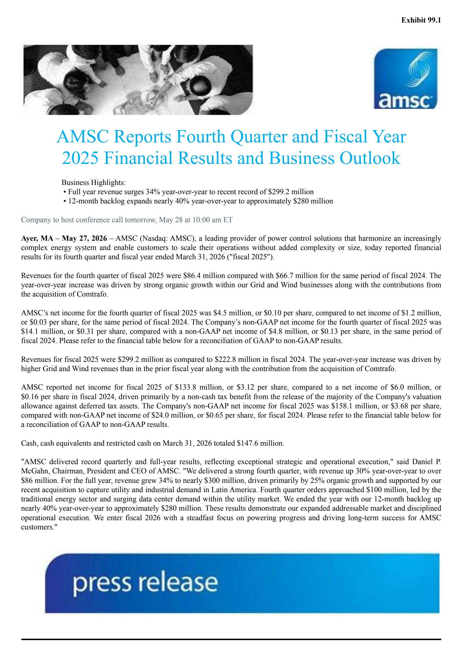 American Superconductor's Q4 2026 Press Release