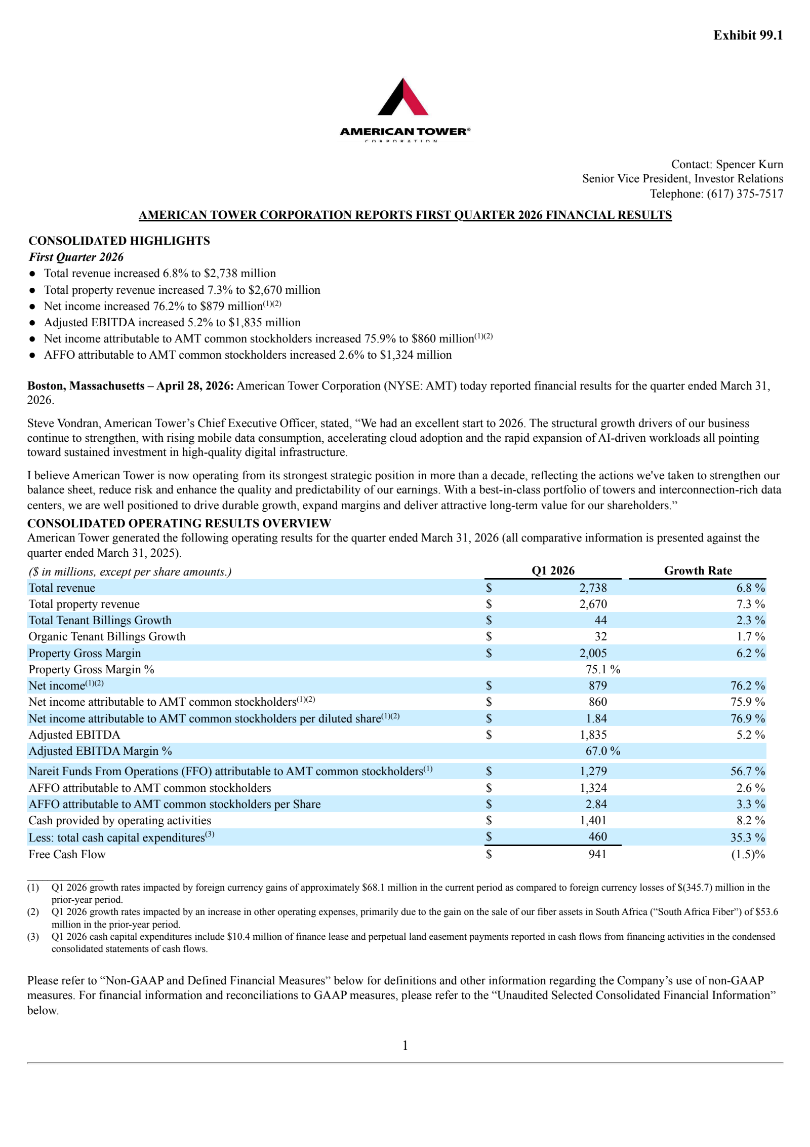 American Tower's Q1 2026 Press Release