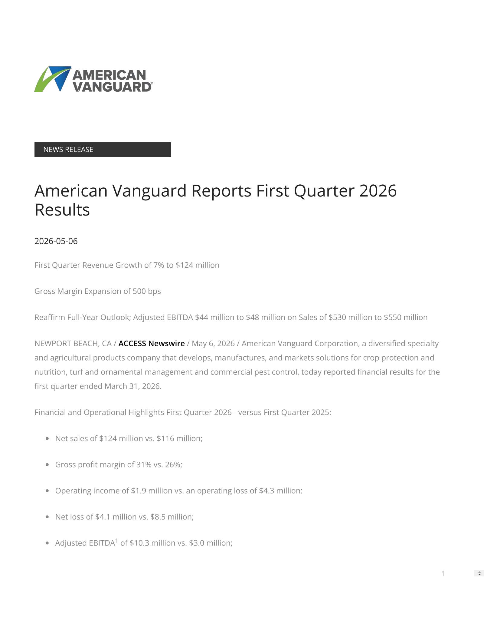 American Vanguard's Q1 2026 Press Release