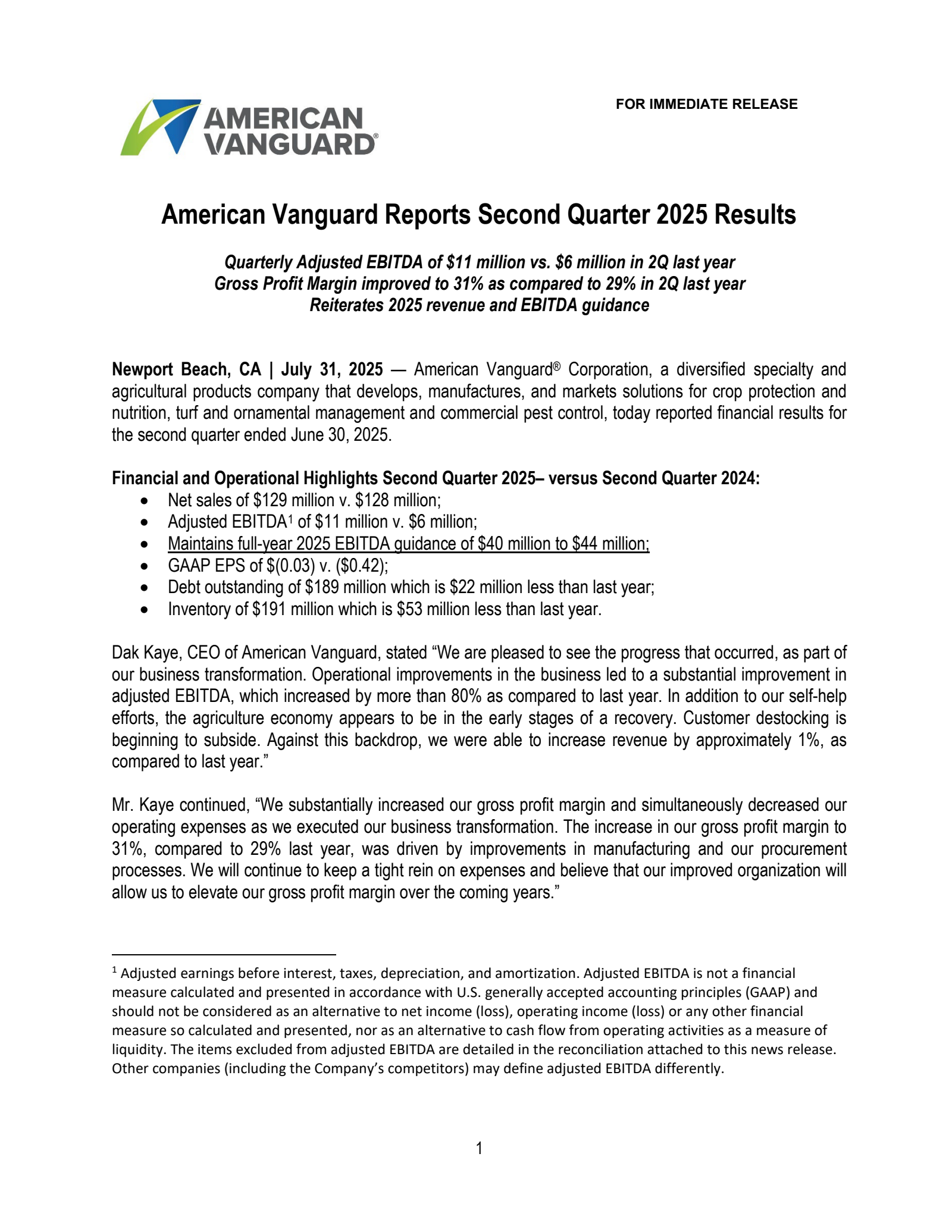American Vanguard's Q2 2025 Press Release