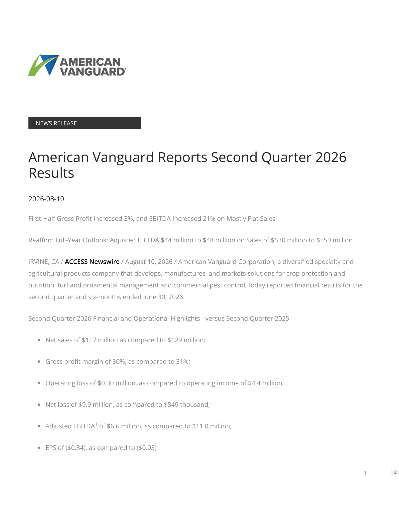 American Vanguard's Q2 2026 Press Release