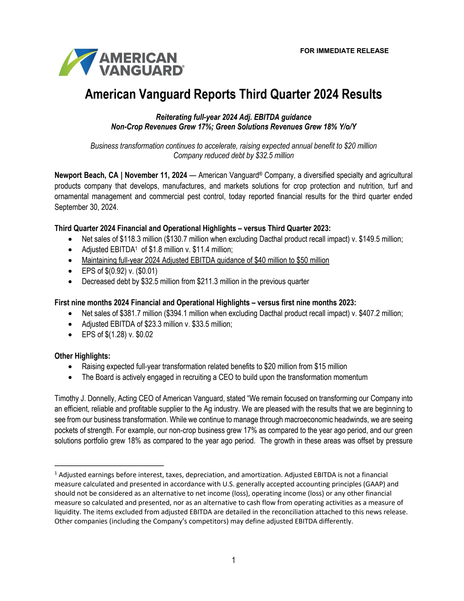 American Vanguard's Q3 2024 Press Release