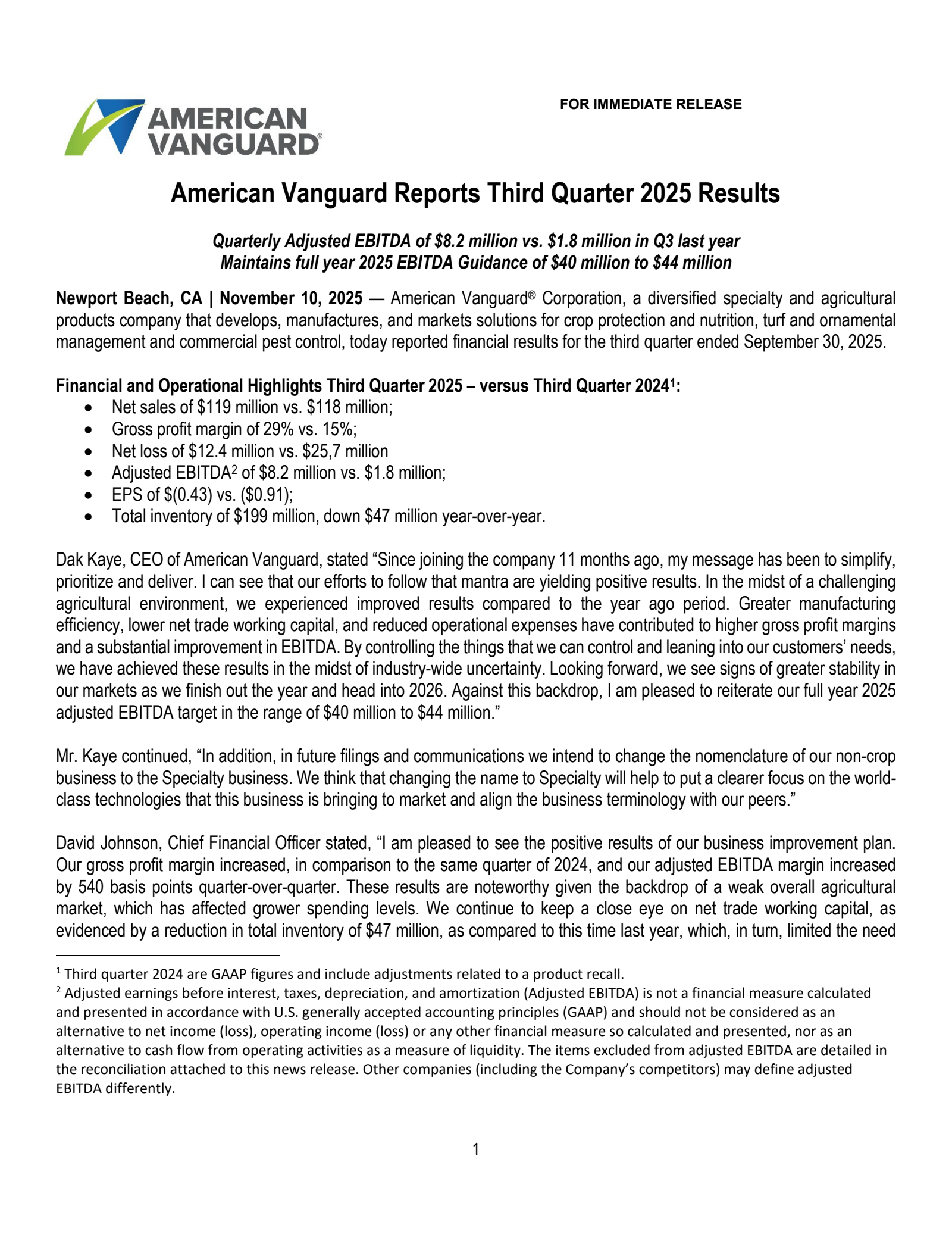 American Vanguard's Q3 2025 Earnings Release