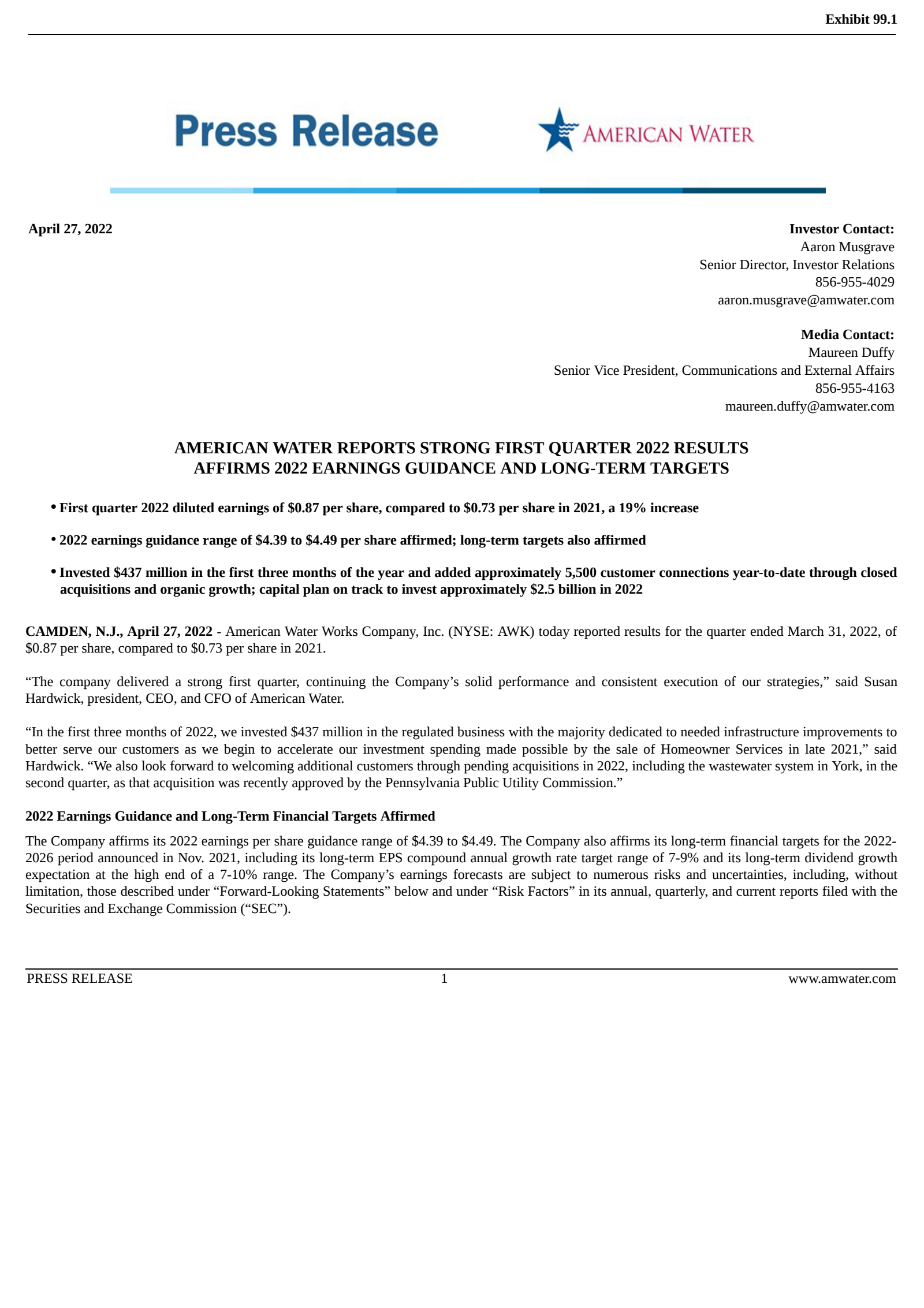 American Water Works' Q1 2022 Earnings Release