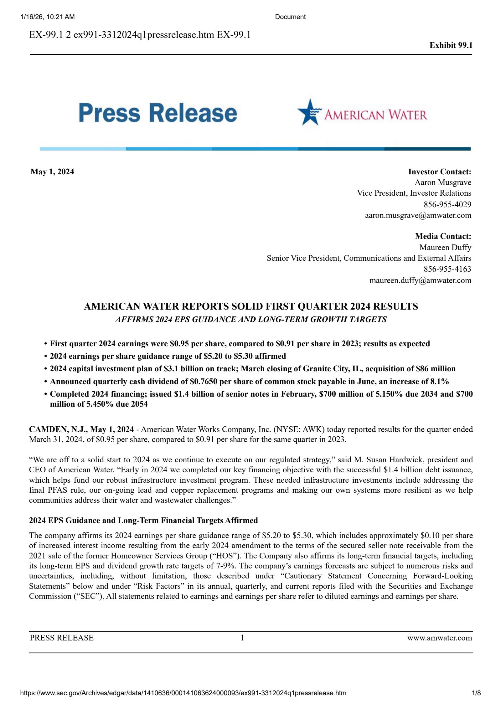 American Water Works' Q1 2024 Press Release