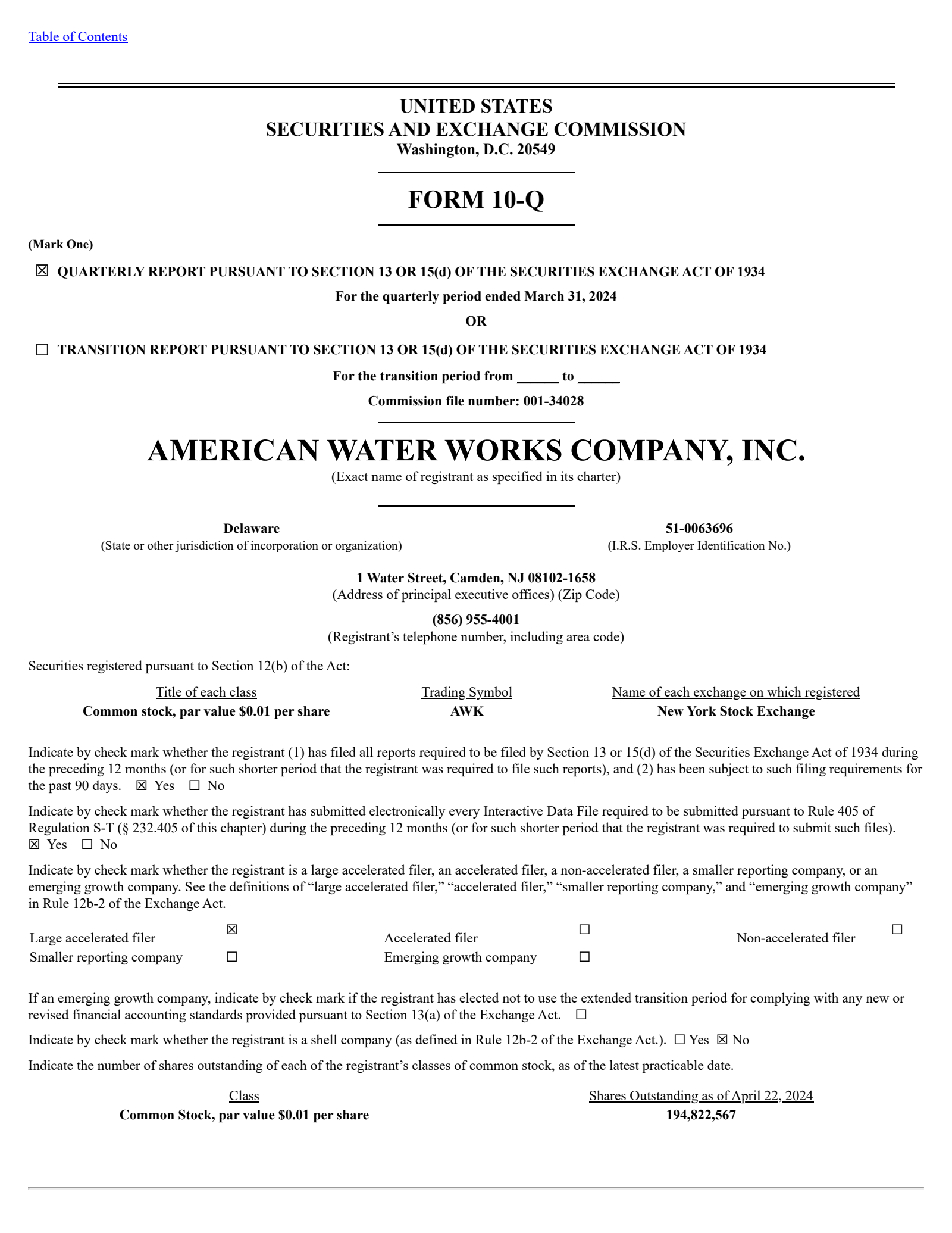 American Water Works' Q1 2024 Quarterly report