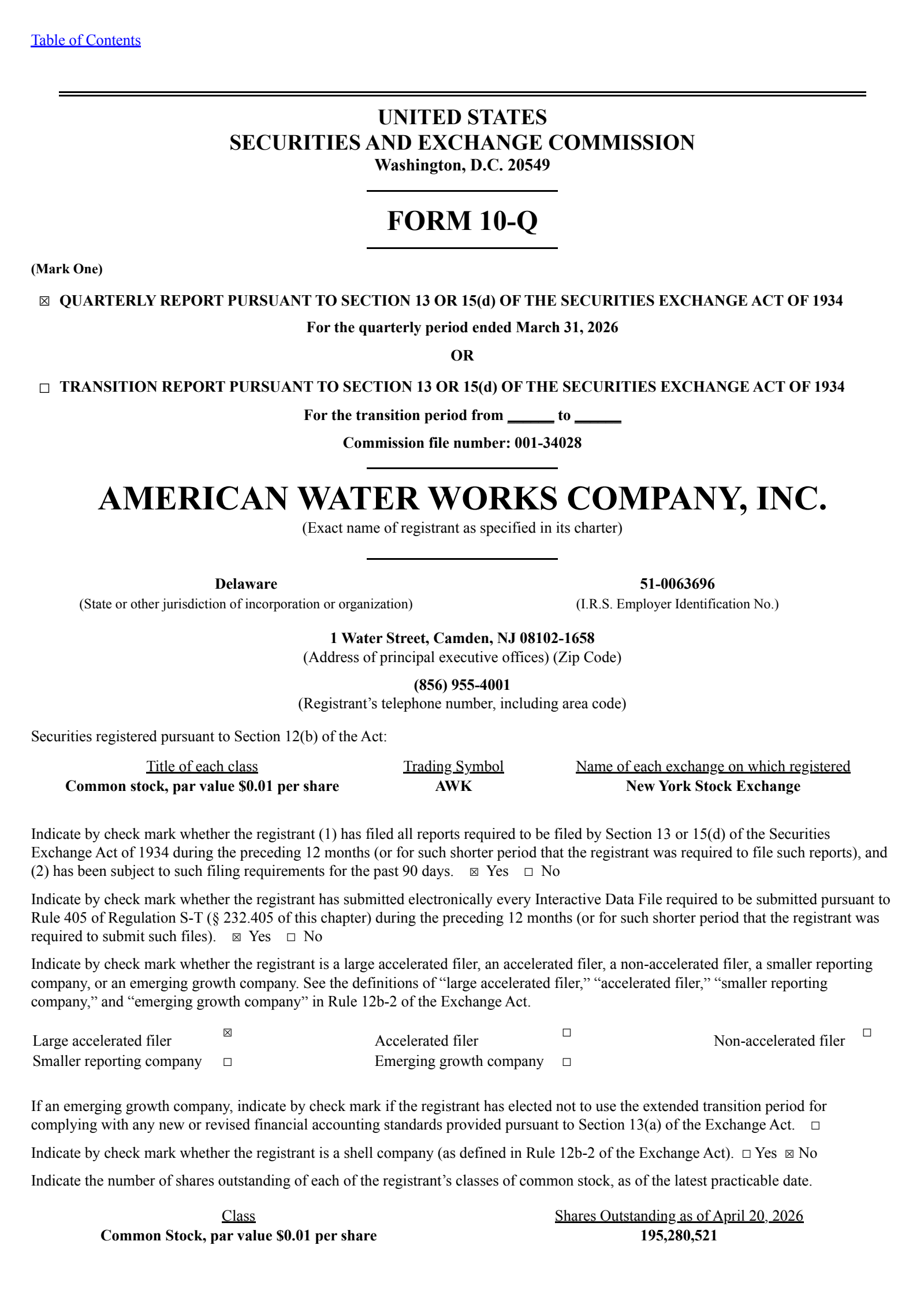 American Water Works' Q1 2026 Quarterly report