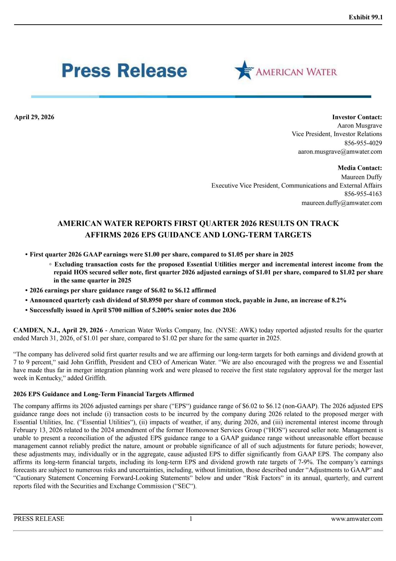 American Water Works' Q1 2026 Press Release