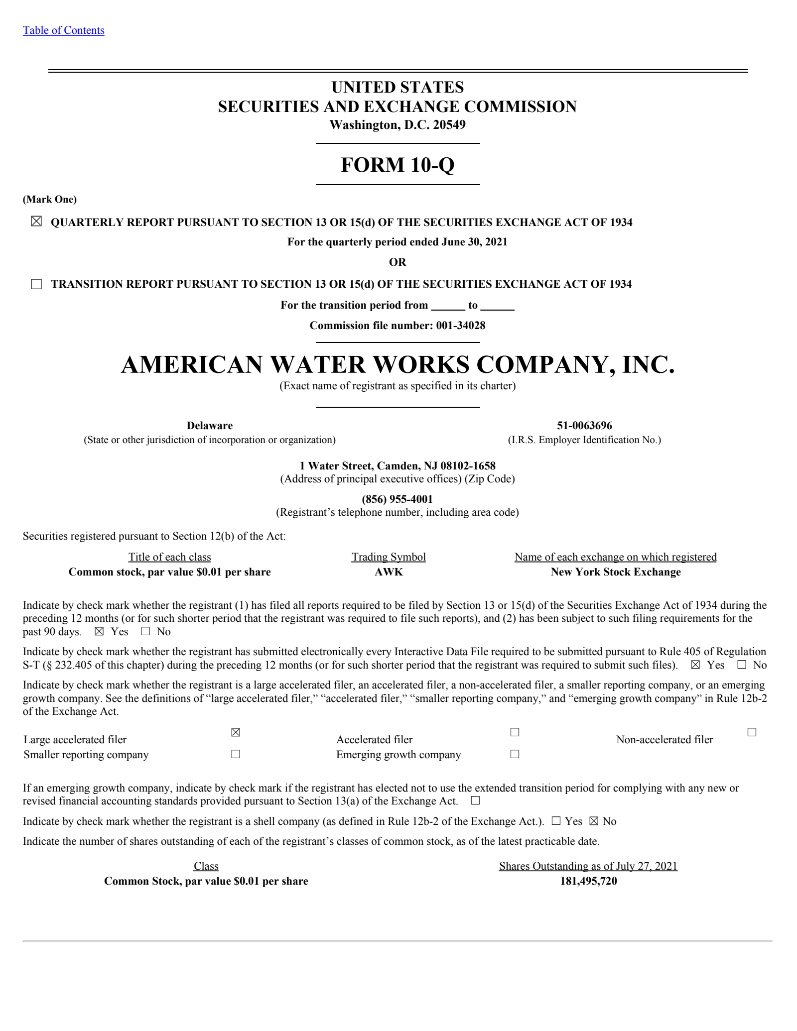 American Water Works' Q2 2021 Quarterly report