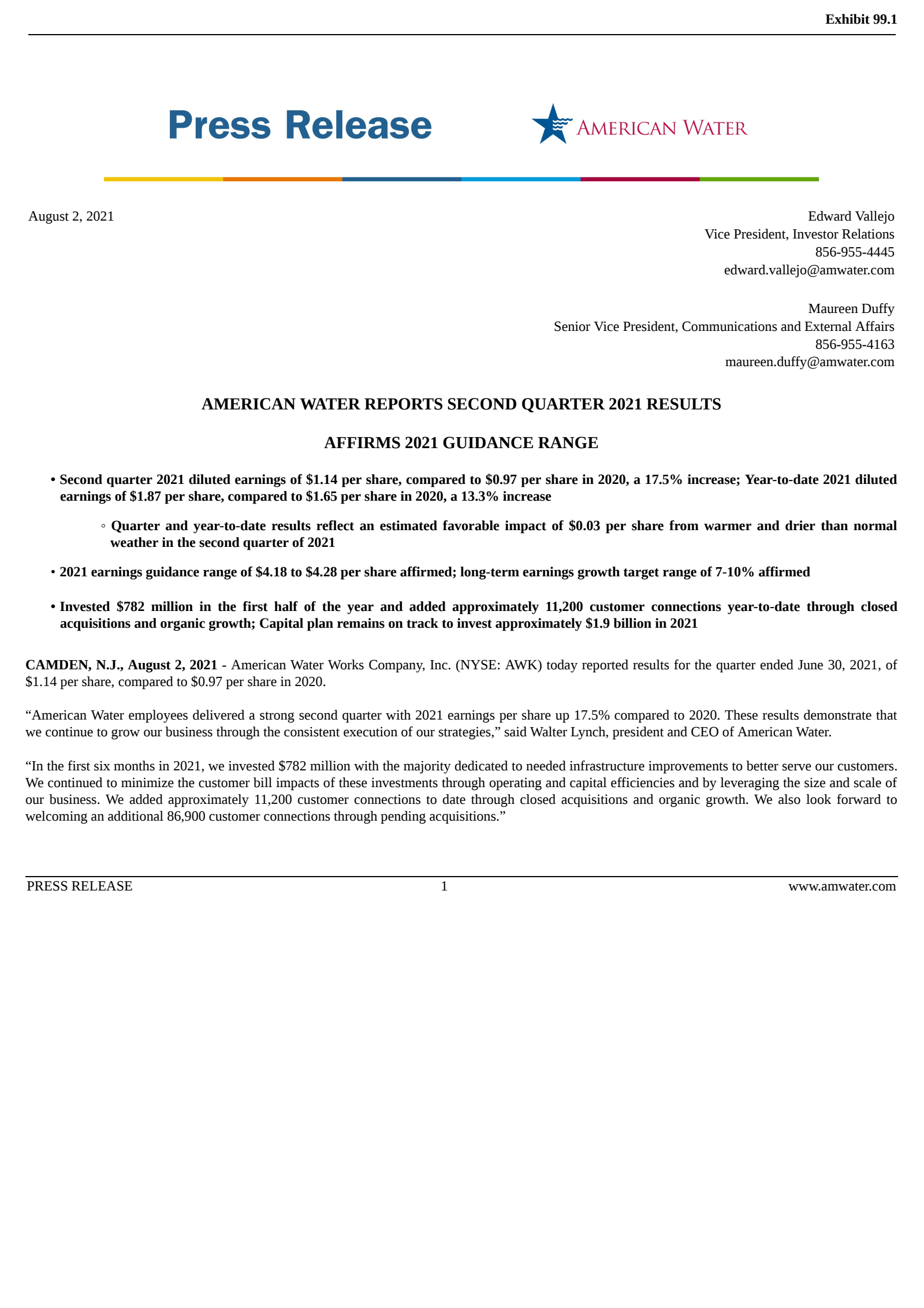 American Water Works' Q2 2021 Earnings Release